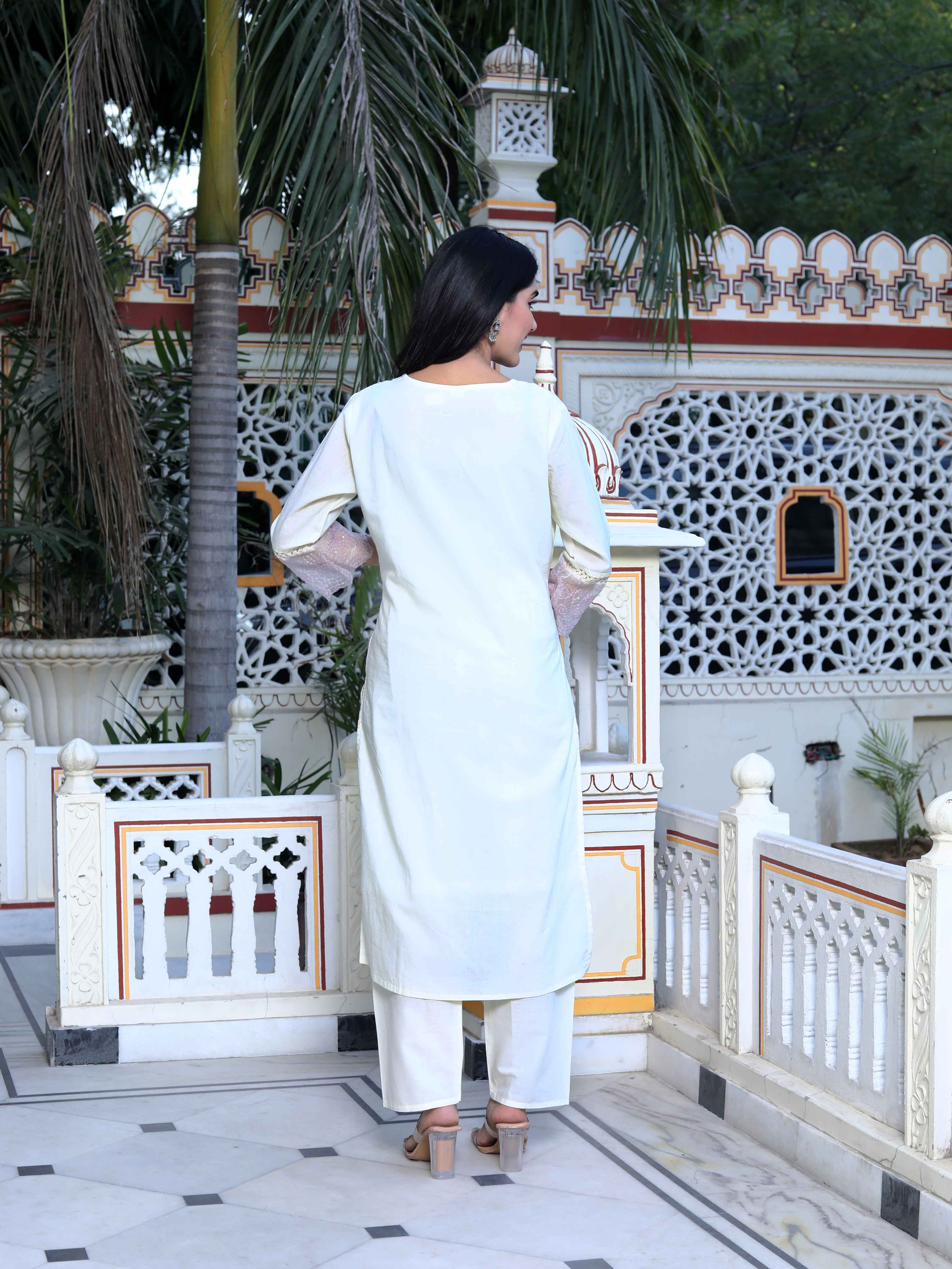 Beige Organza Chikankari Kurta with Purple Sequence Palazzo & Dupatta Set