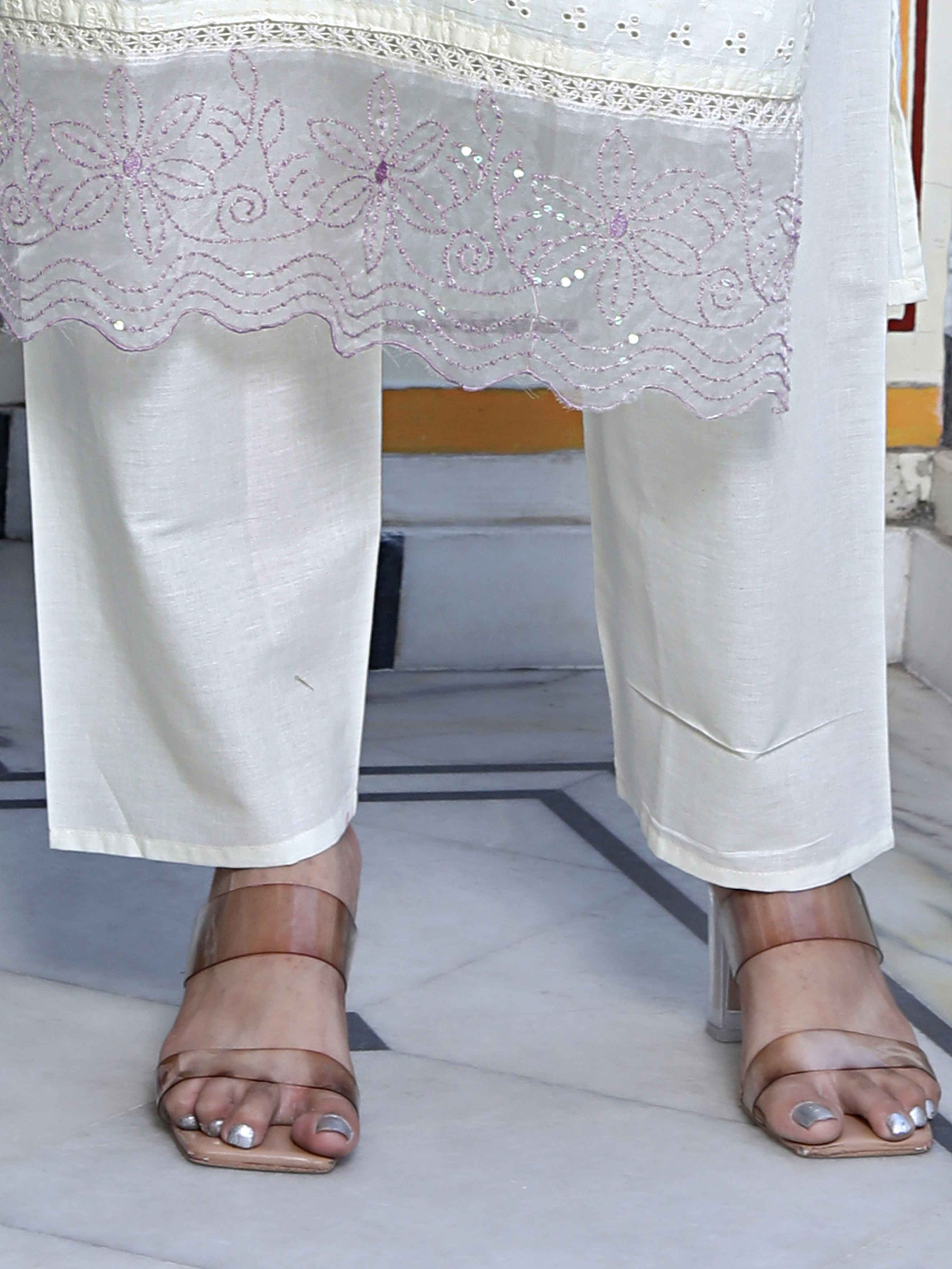 Beige Organza Chikankari Kurta with Purple Sequence Palazzo & Dupatta Set