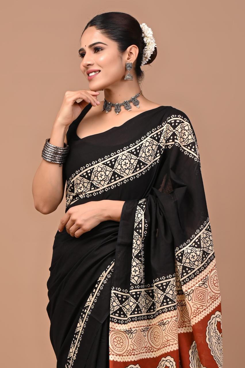 Buy Pure Cotton Black & Rust Paisley Print Saree – Premium Lightweight Daily & Office Wear Saree