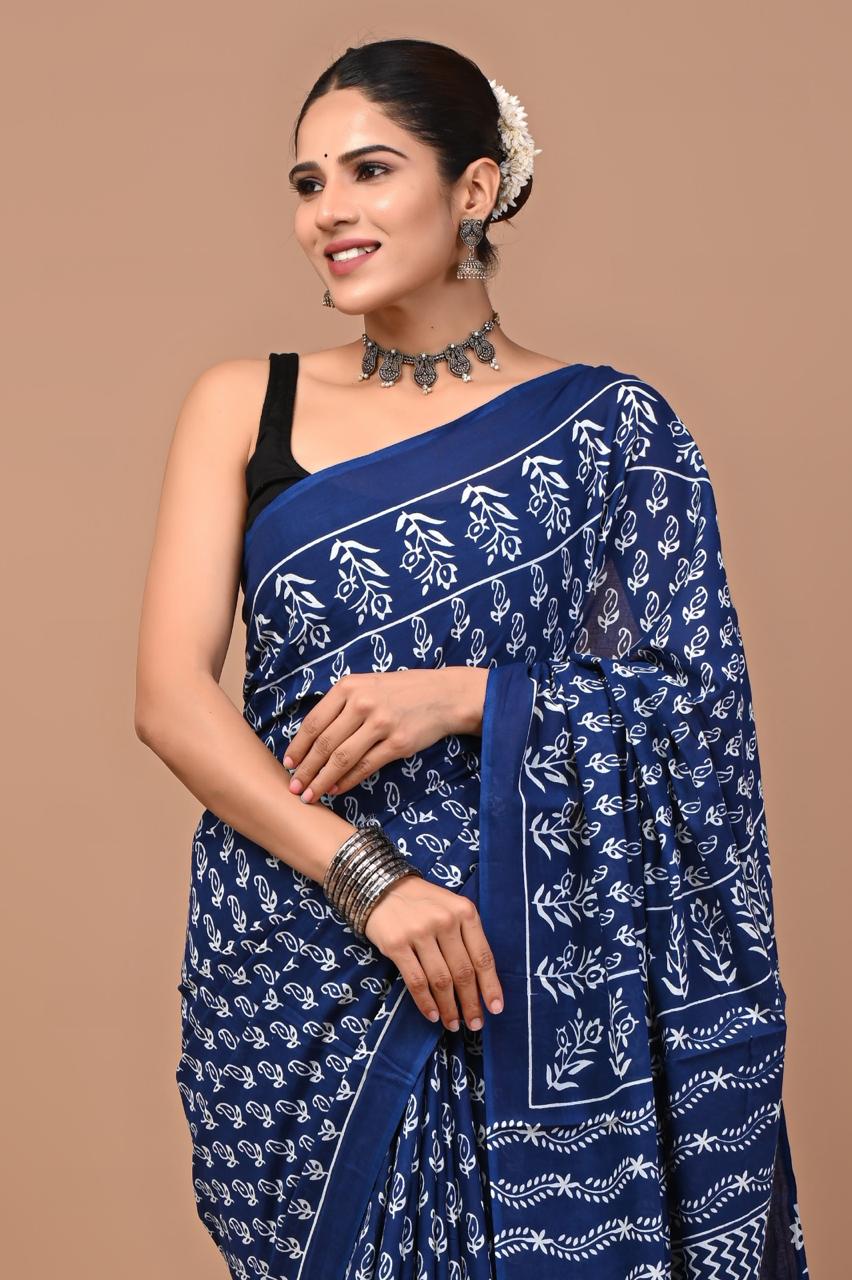 Buy Pure Cotton Blue Handblock Print Saree | Daily Wear Saree with Blouse Piece