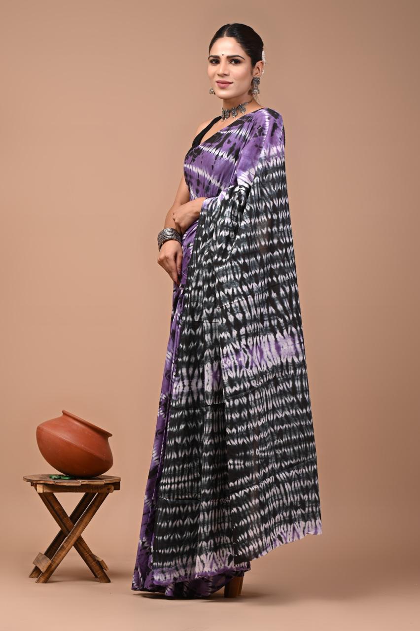 Buy Purple & Black Tie-Dye Pure Cotton Mulmul Saree with Blouse Piece