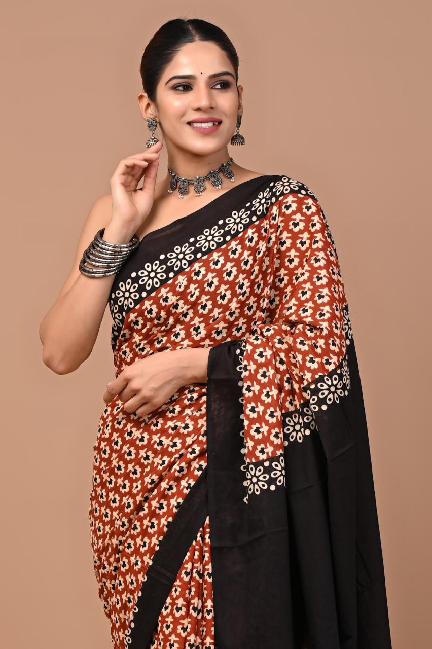 Buy Pure Cotton Orange - Black Printed Saree | Soft Lightweight Daily & Office Wear Saree