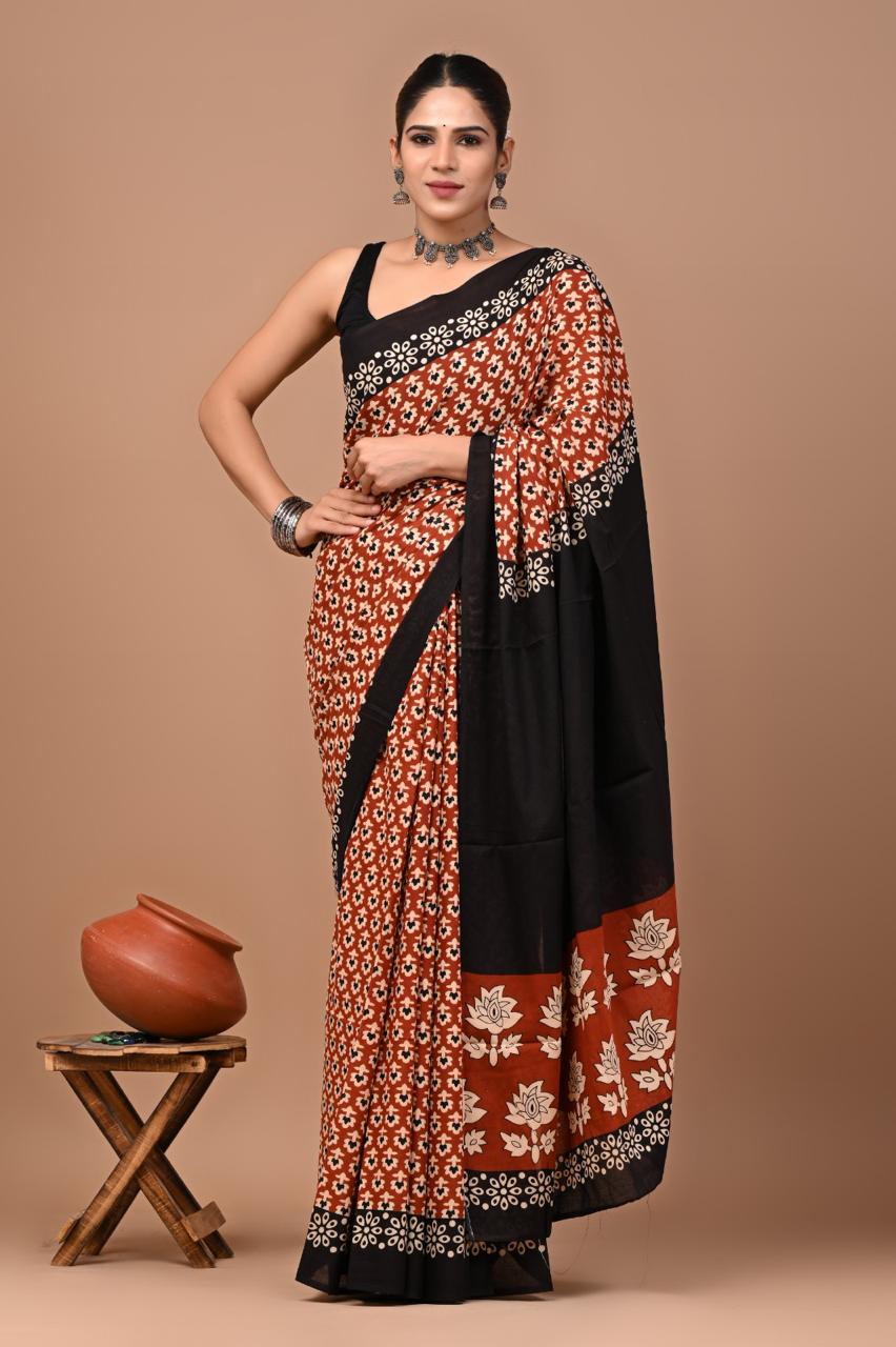 Buy Pure Cotton Orange - Black Printed Saree | Soft Lightweight Daily & Office Wear Saree