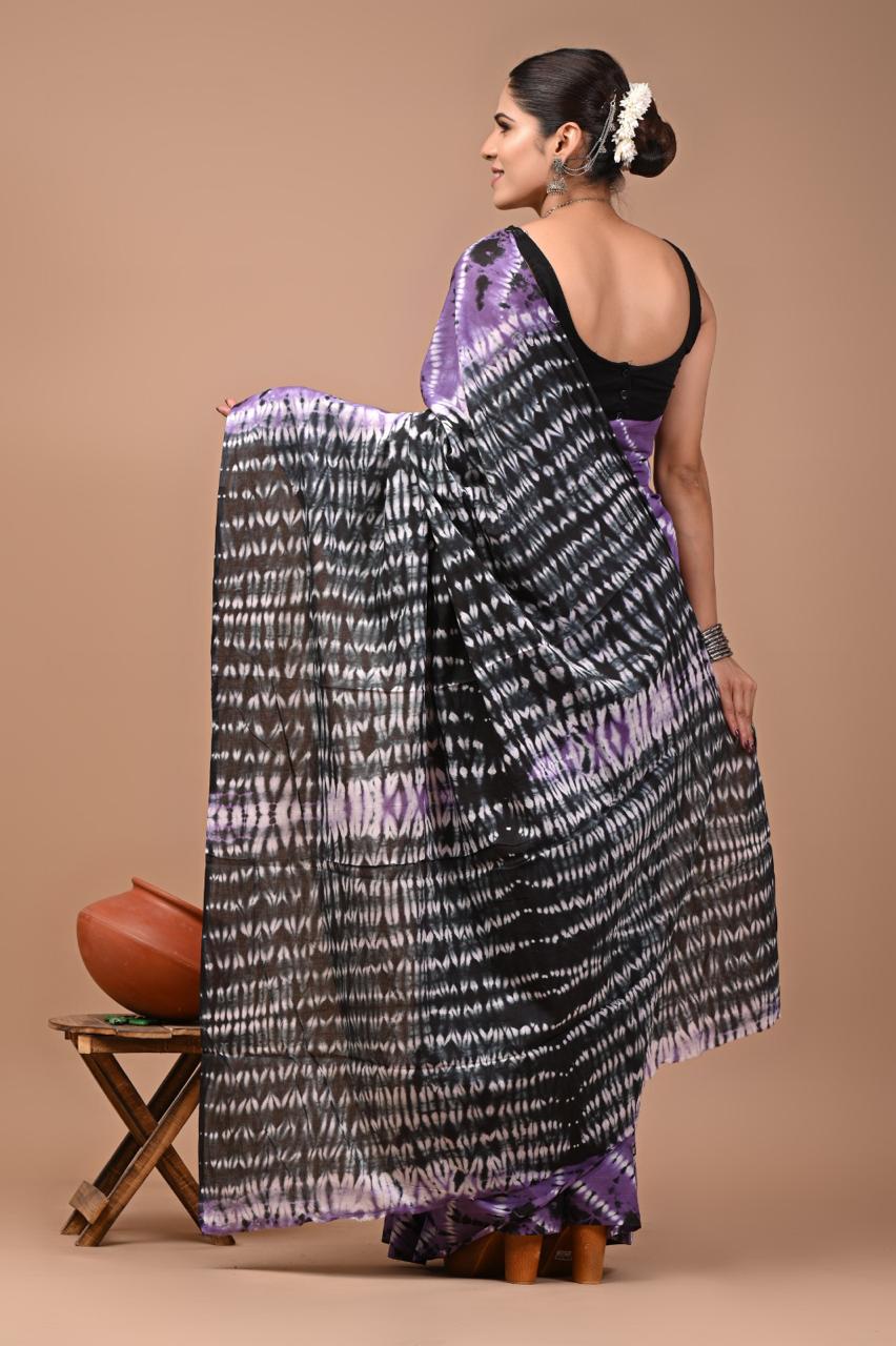 Buy Purple & Black Tie-Dye Pure Cotton Mulmul Saree with Blouse Piece