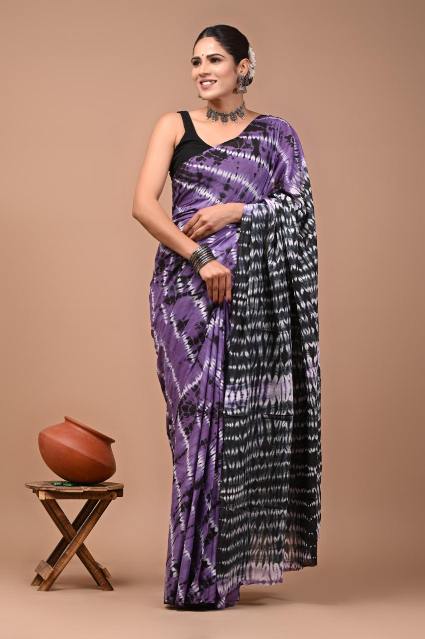 Buy Purple & Black Tie-Dye Pure Cotton Mulmul Saree with Blouse Piece
