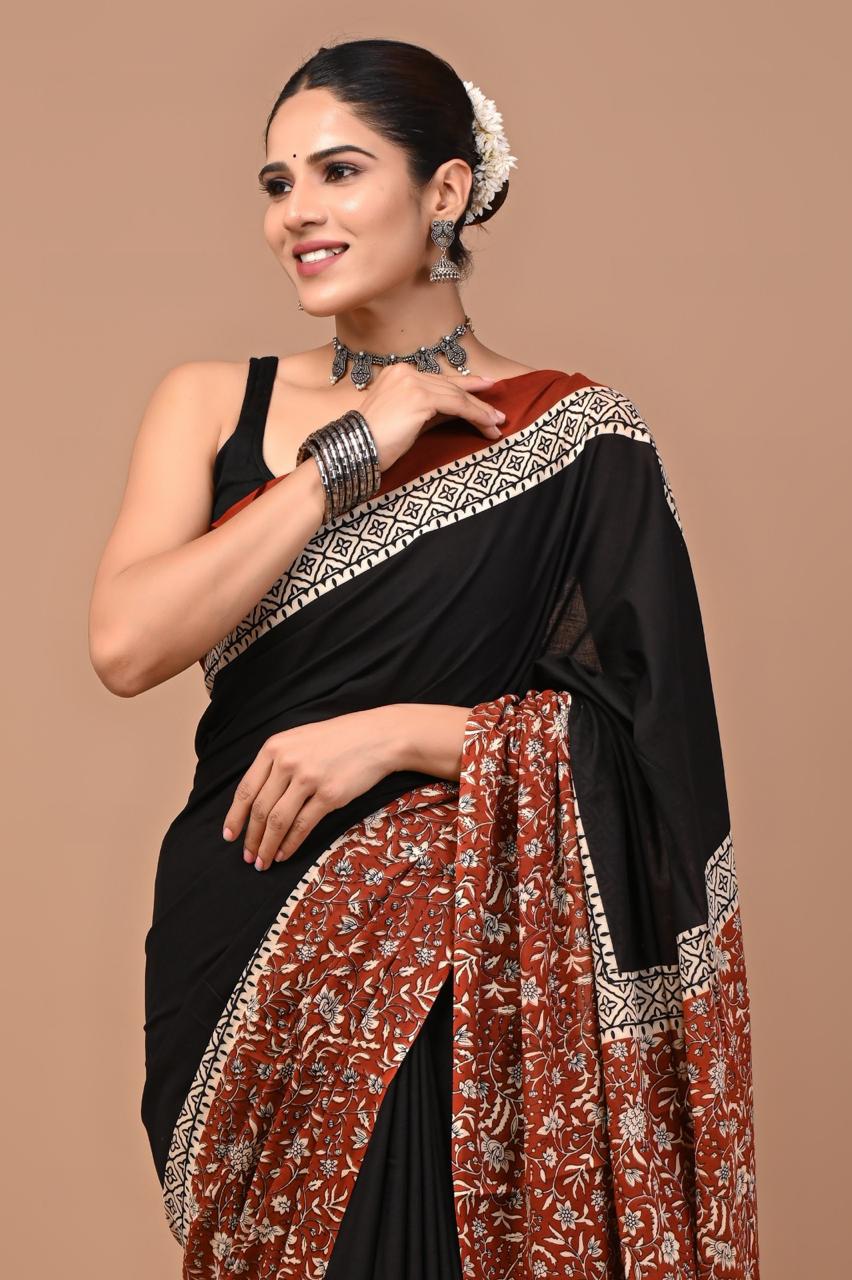 Buy Pure Cotton Black & Rust Floral Printed Saree – Soft Lightweight Daily & Office Wear Saree