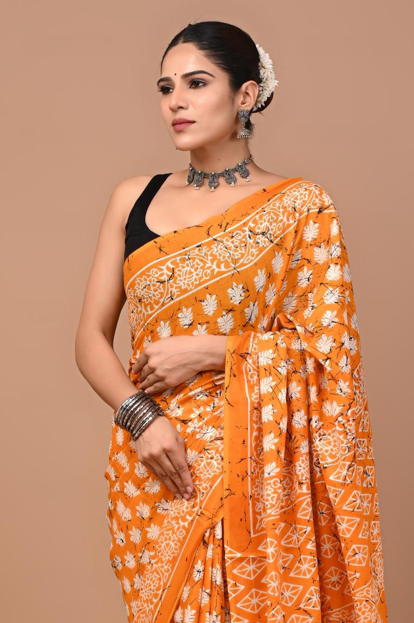 Buy Pure Cotton Orange Printed Saree | Soft Lightweight Daily & Festive Wear Saree