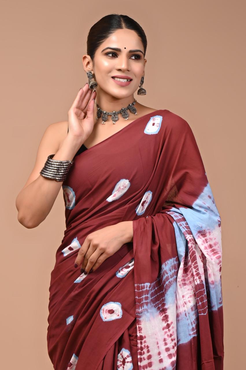 Buy Pure Cotton Saree – Maroon with Blue & White Shibori Pattern