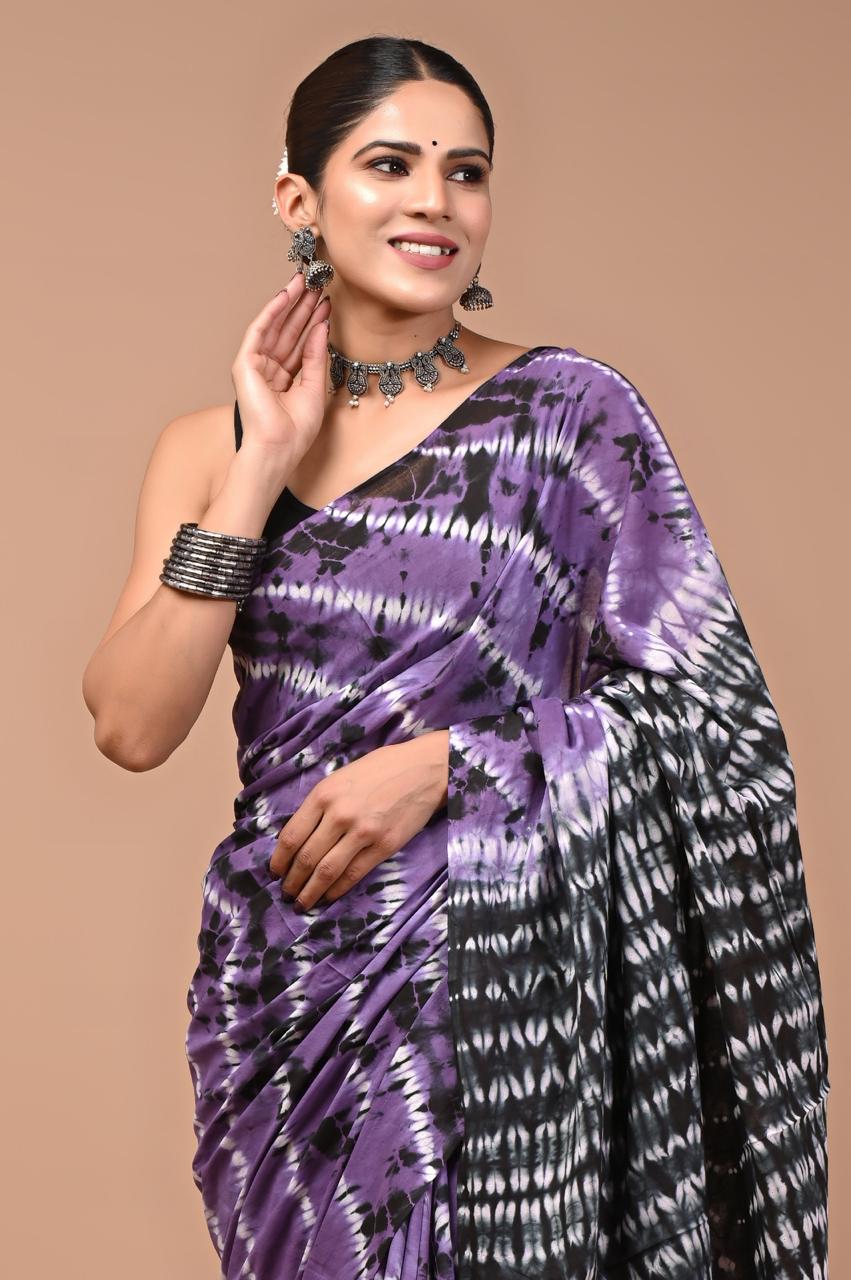 Buy Purple & Black Tie-Dye Pure Cotton Mulmul Saree with Blouse Piece