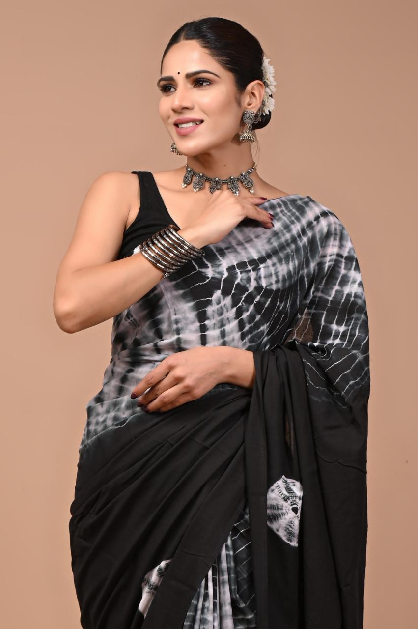 Buy Elegant Black & White Tie-Dye Cotton Saree – Soft Fabric