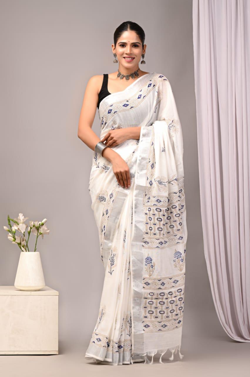 Buy Pure Linen White | Saree for Daily & Festive Wear with Blouse Piece