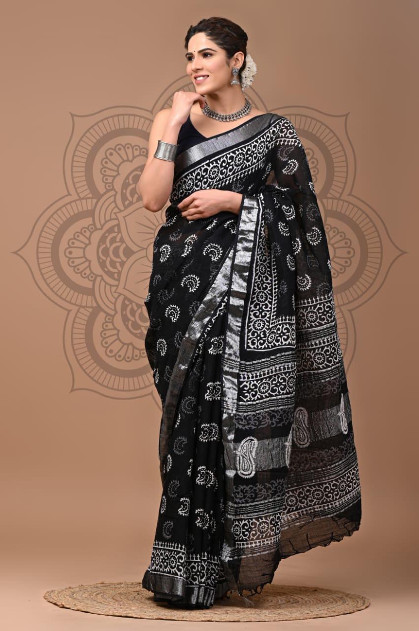 Buy Pure Linen Black & Silver Printed Saree – Premium Festive & Party Wear Linen Saree with Blouse Piece