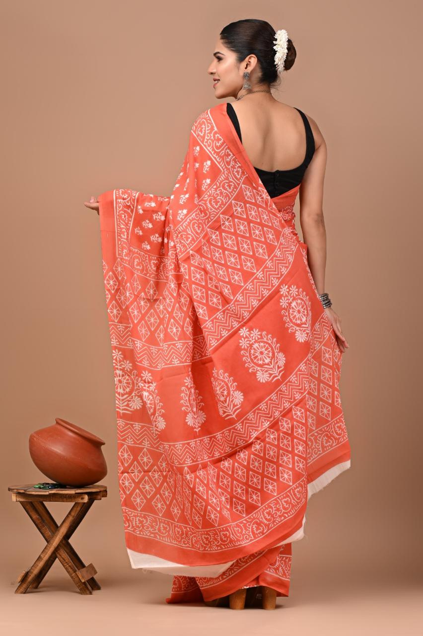 Buy Pure Cotton Orange Handblock Print Saree | Lightweight Daily & Office Wear Saree