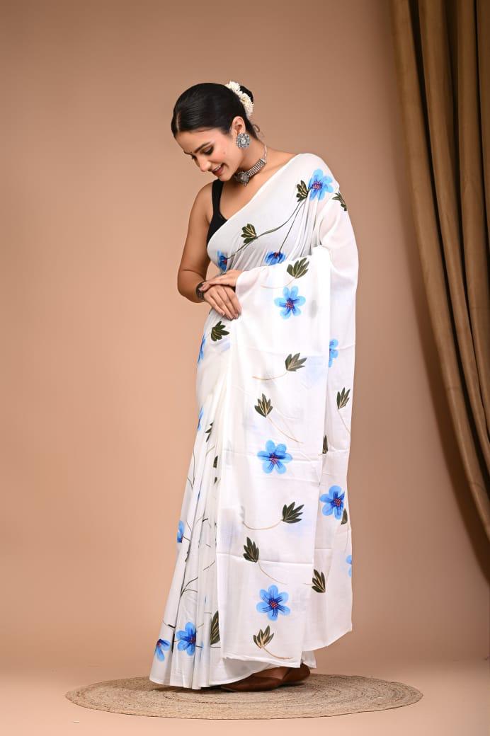 Buy Pure Cotton Mulmul Saree – White with Blue Floral Print