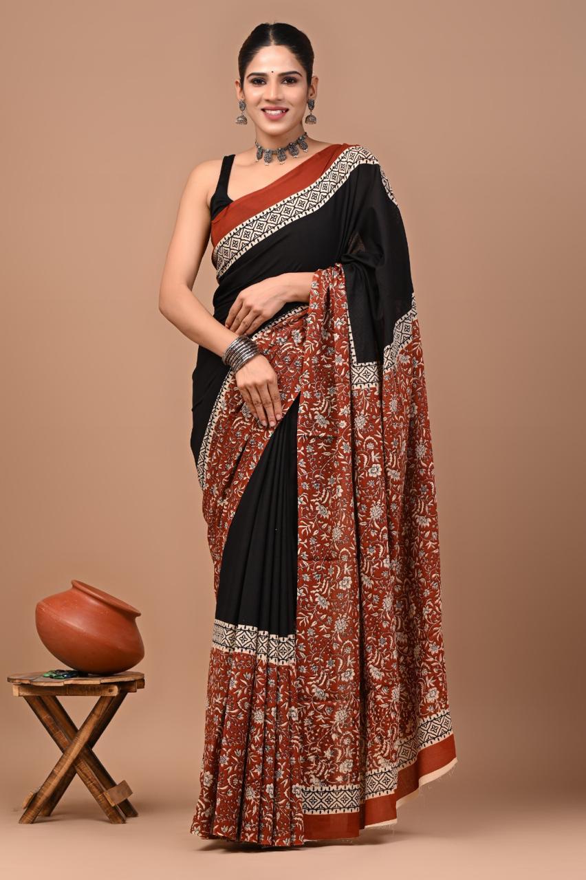 Buy Pure Cotton Black & Rust Floral Printed Saree – Soft Lightweight Daily & Office Wear Saree