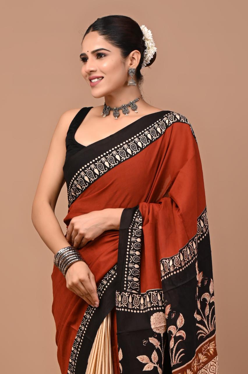 Buy Rust & Black Pure Cotton Printed Saree | Traditional Ethnic Wear for Women