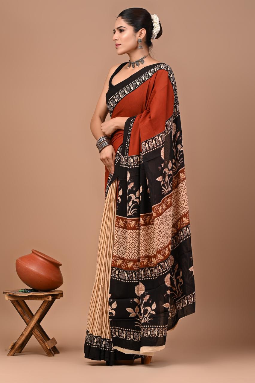Buy Rust & Black Pure Cotton Printed Saree | Traditional Ethnic Wear for Women