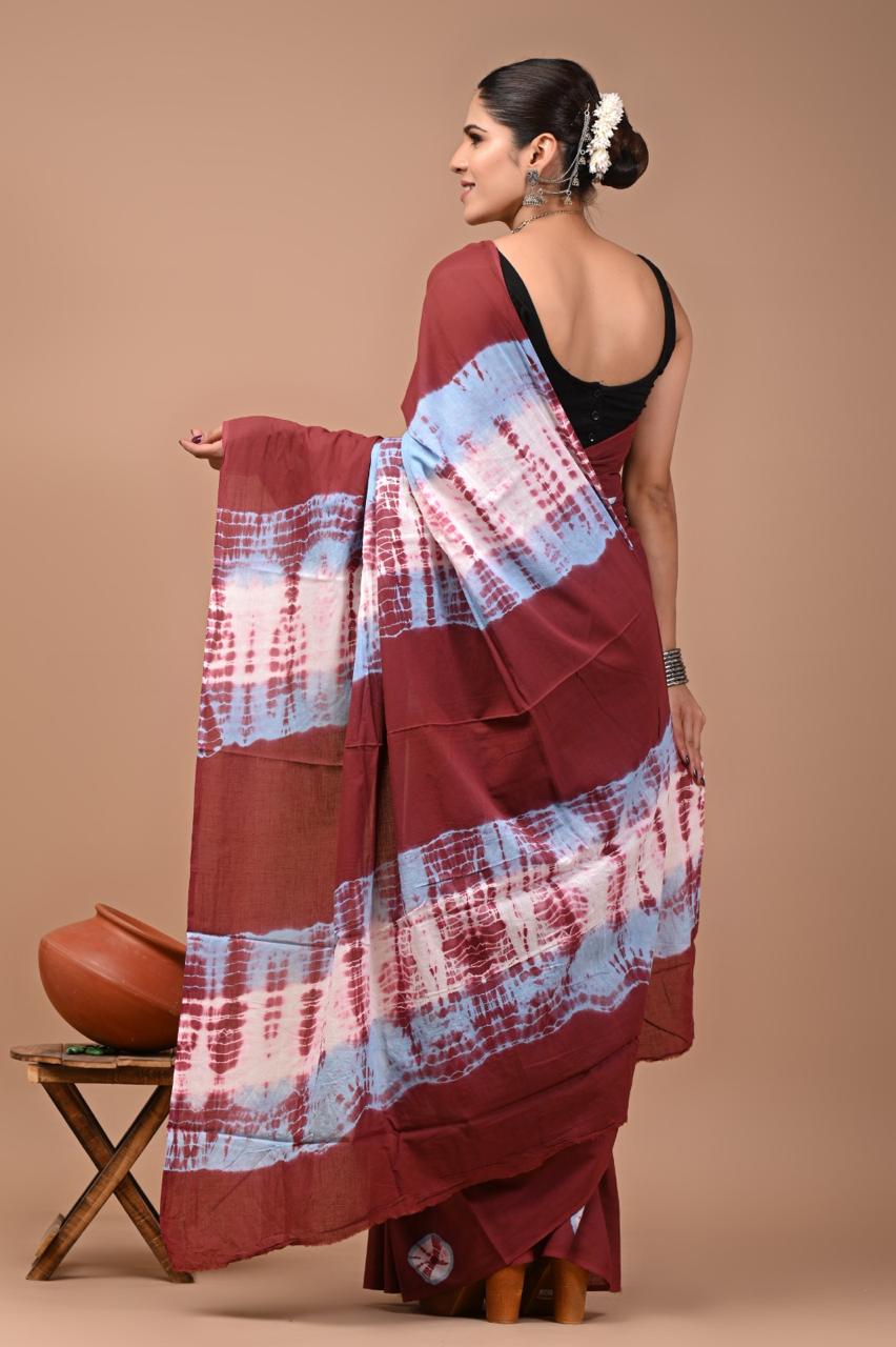 Buy Pure Cotton Saree – Maroon with Blue & White Shibori Pattern
