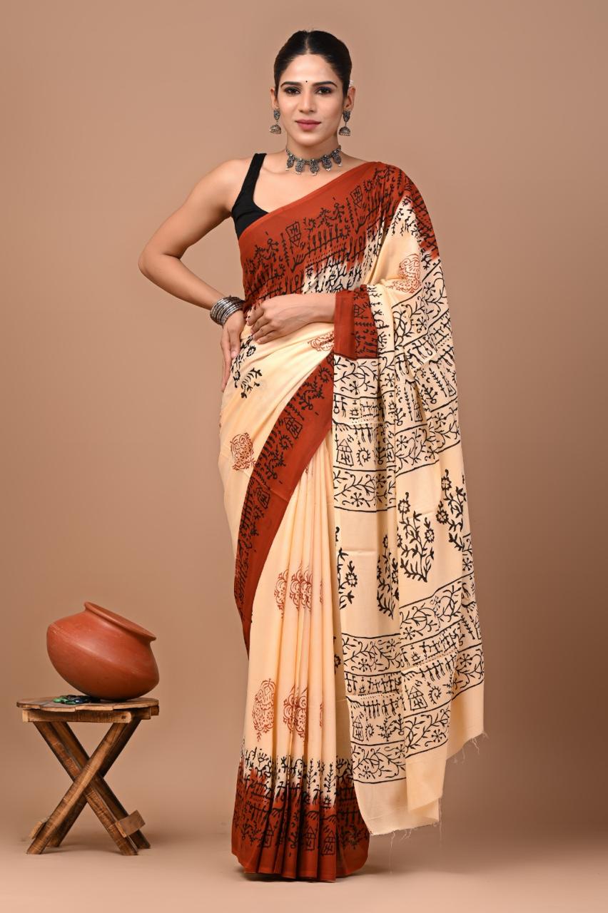 Buy Pure Cotton Cream & Rust Warli Print Saree – Soft Lightweight Daily & Festive Wear Saree