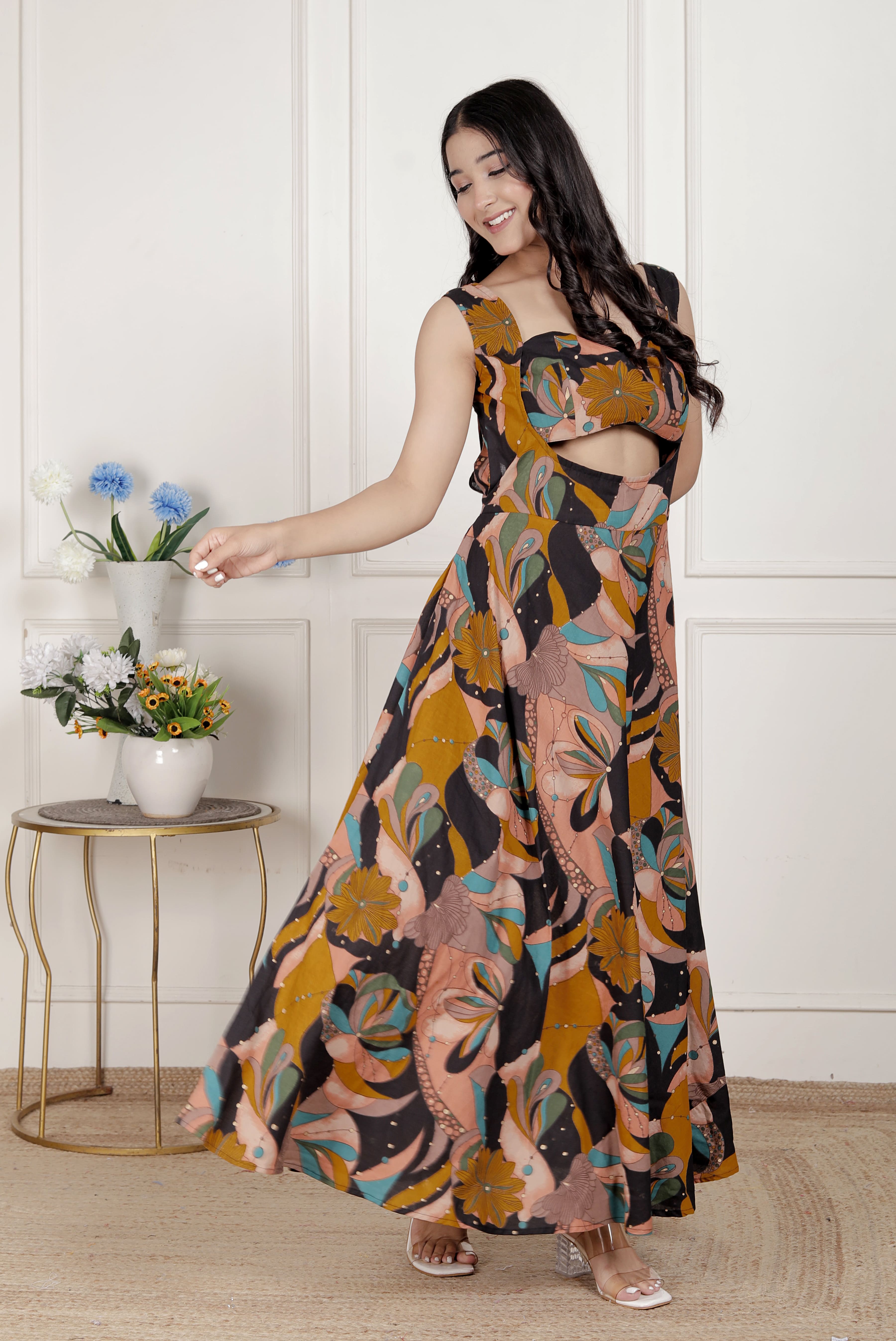 Womens Black Pure Cotton Floral Printed Sleeveless Cut Out Detail Western Dress