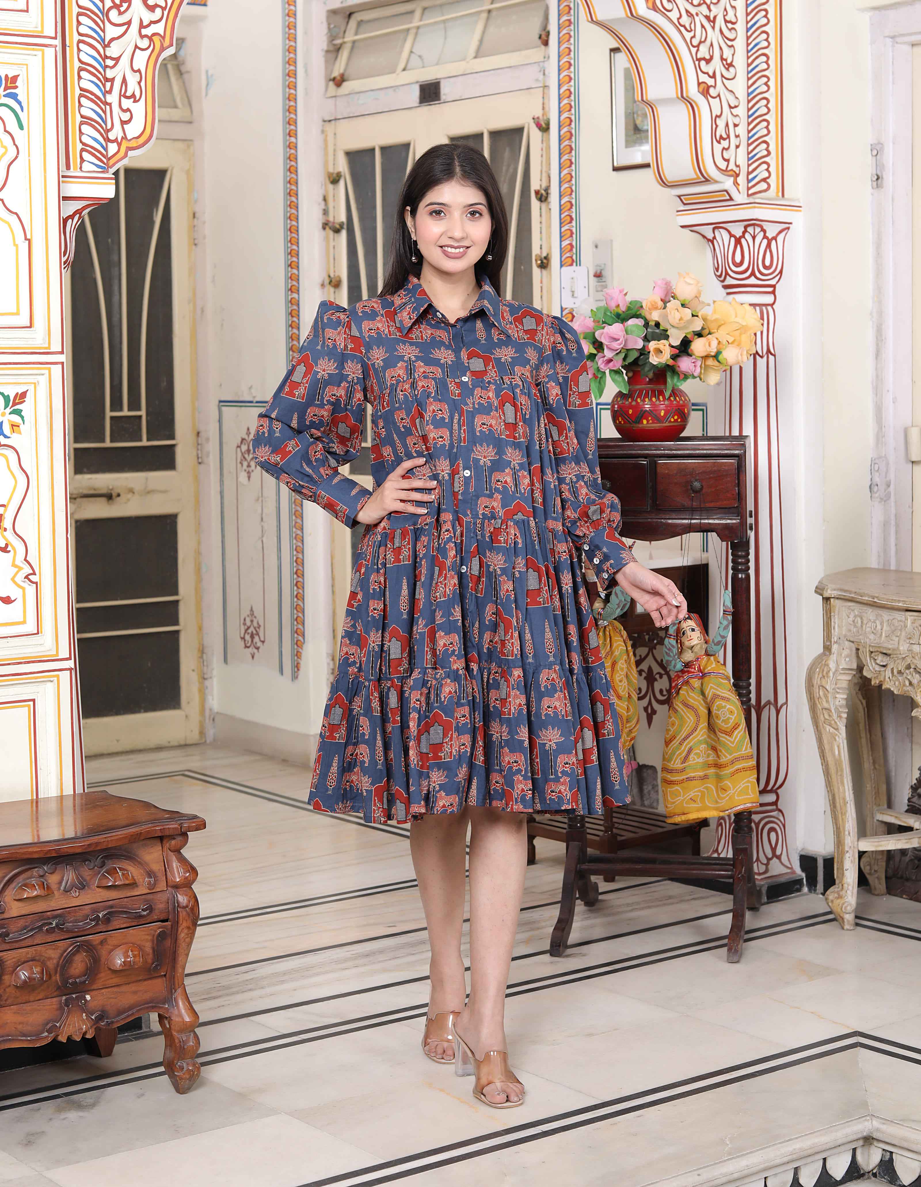 Womens Blue And Red Animal Print Pure Cotton Loose Fit Tiered A-Line Dress