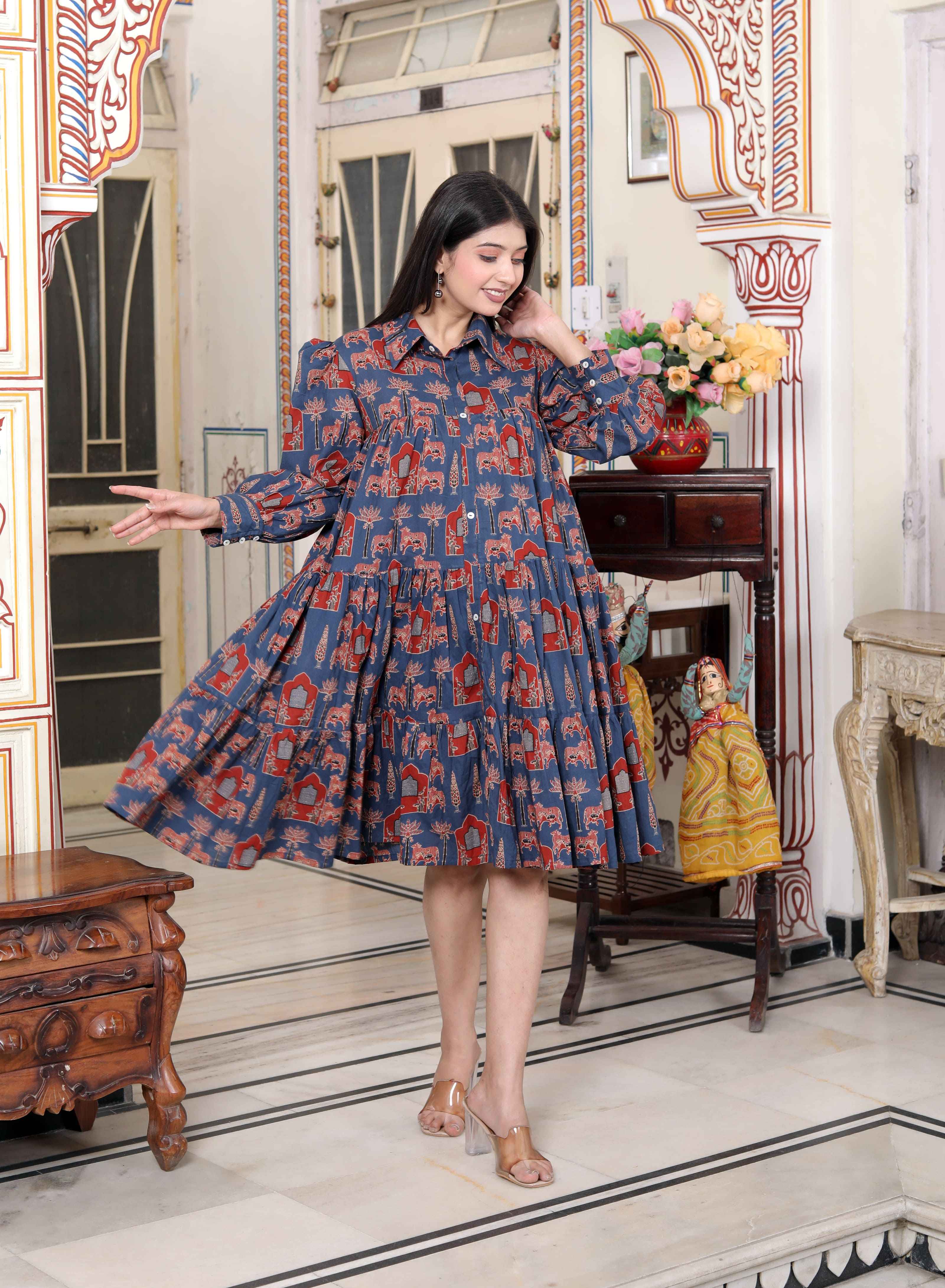 Womens Blue And Red Animal Print Pure Cotton Loose Fit Tiered A-Line Dress