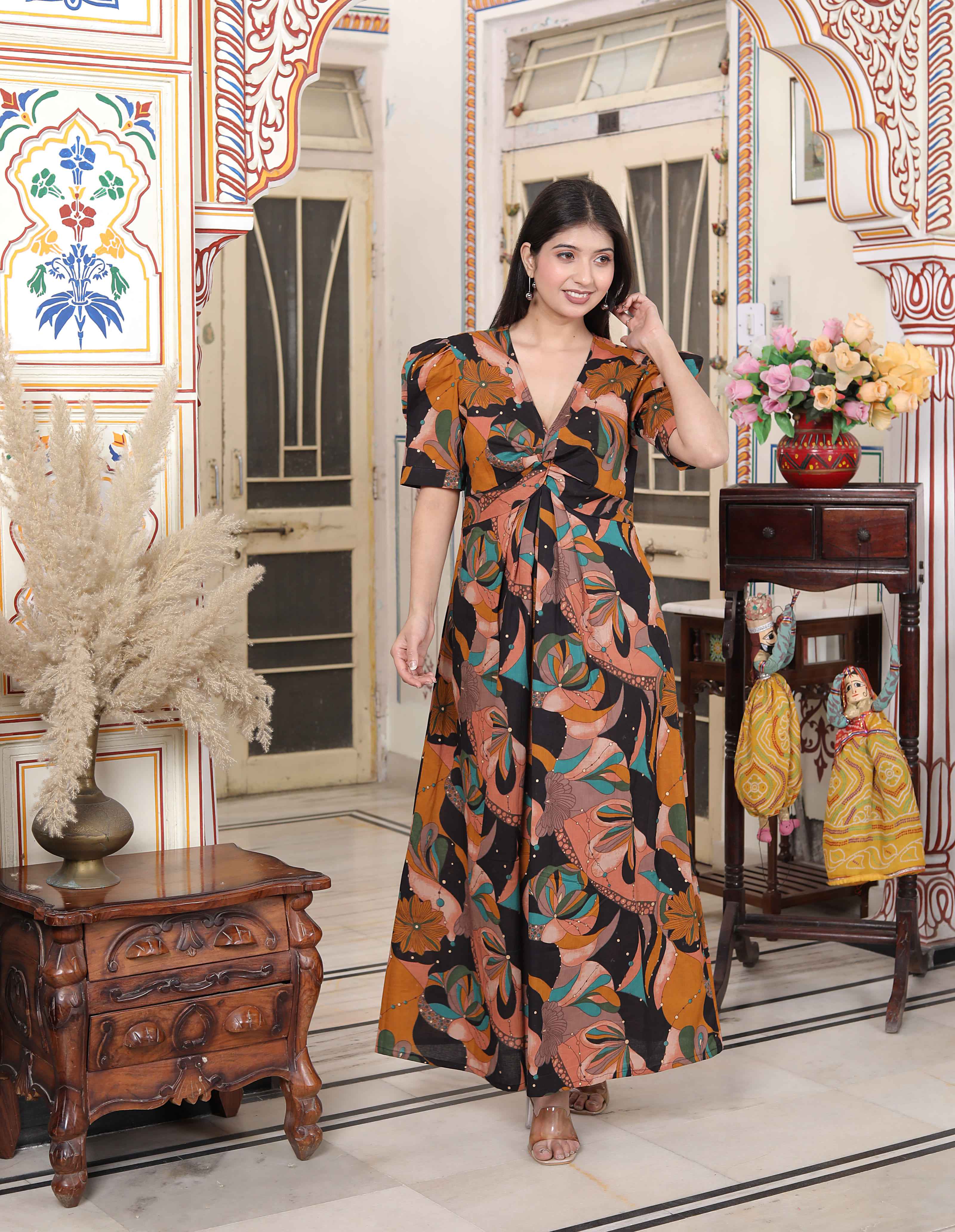 Womens Pure Cotton Black And Orange Puff Sleeve Floral printed Butterfly Maxi Dress