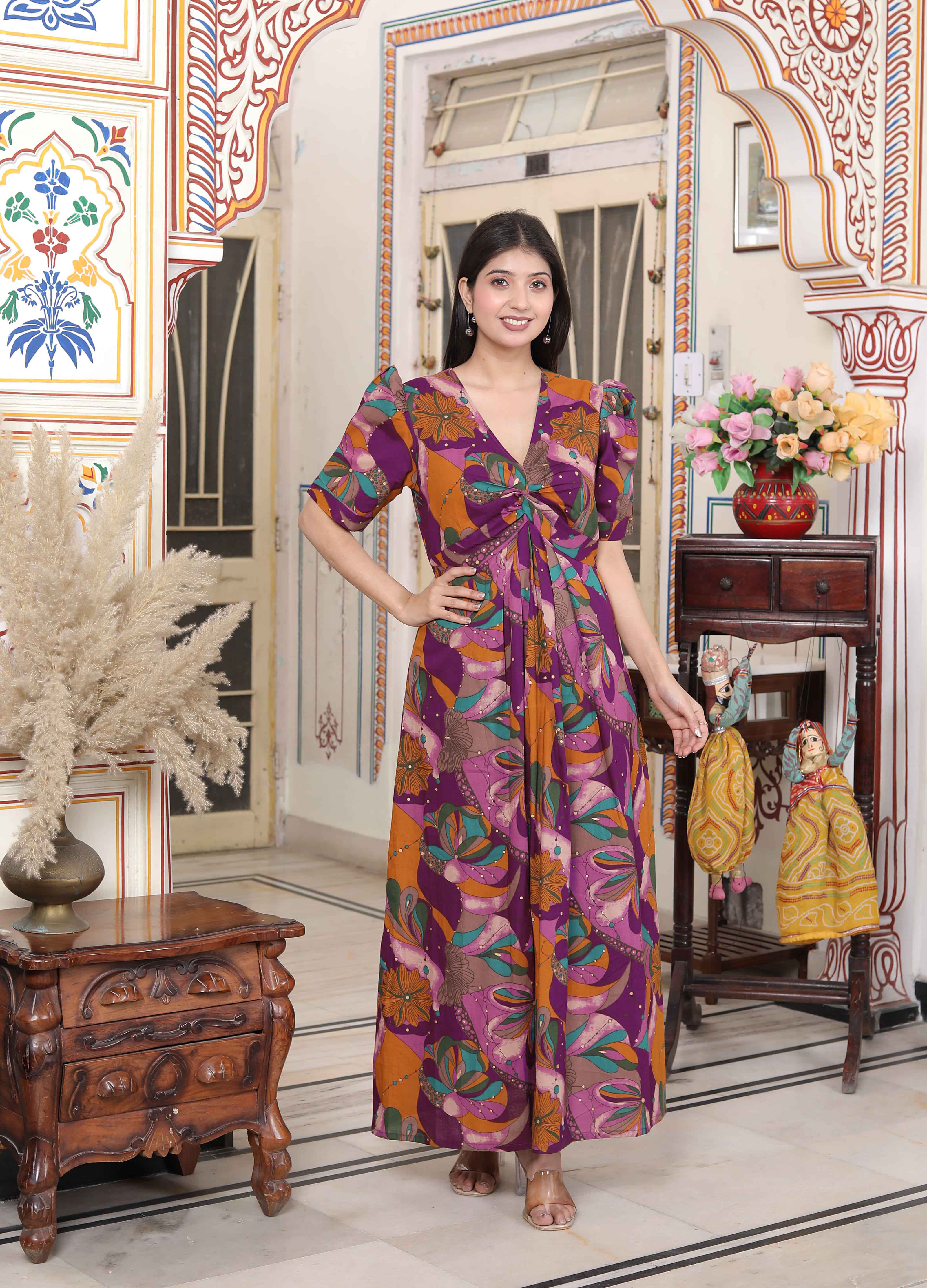 Womens Floral Print Puff Sleeve Pure Cotton Fit Flare Magenta Butterfly Maxi Dress