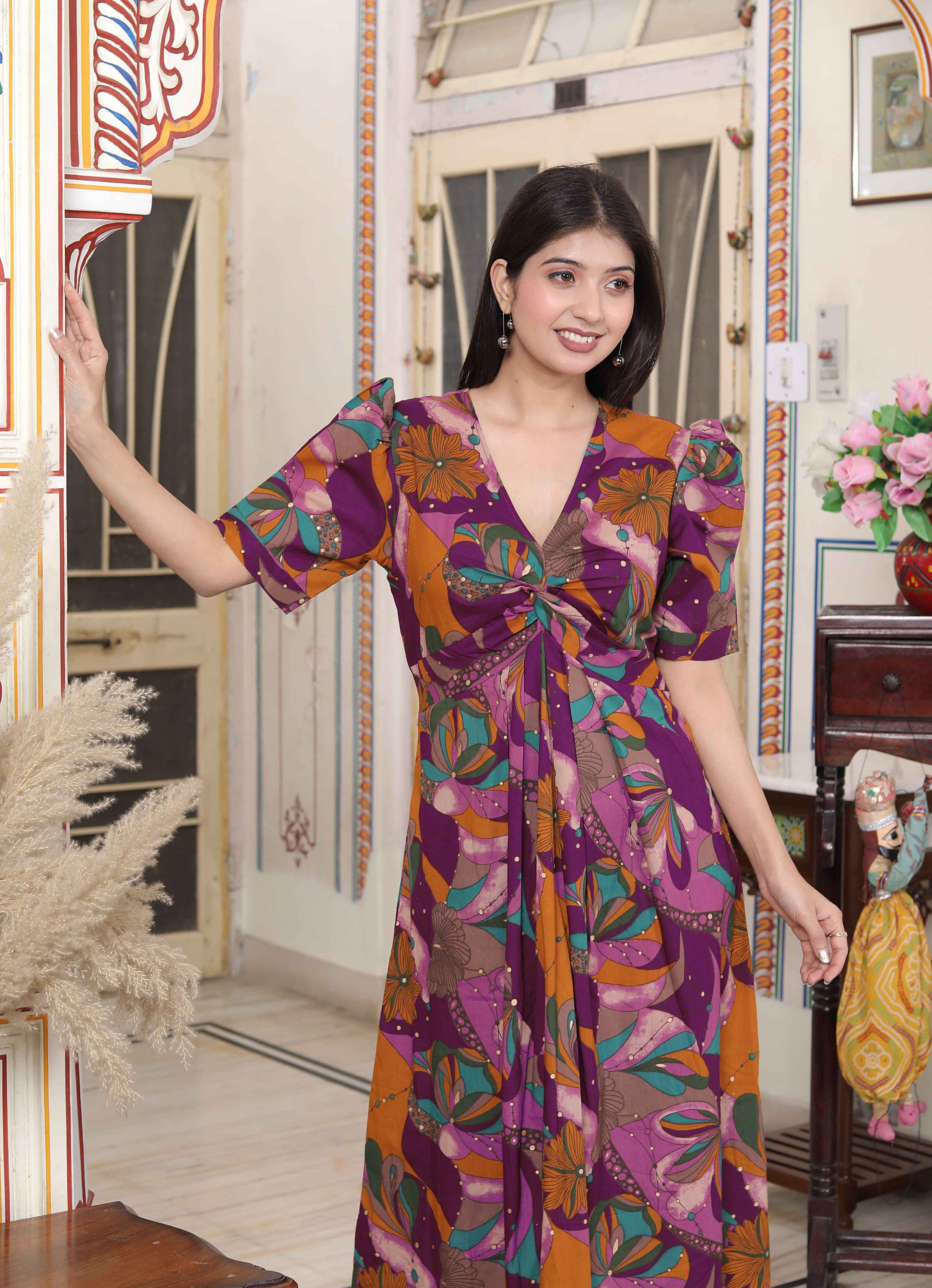 Womens Floral Print Puff Sleeve Pure Cotton Fit Flare Magenta Butterfly Maxi Dress