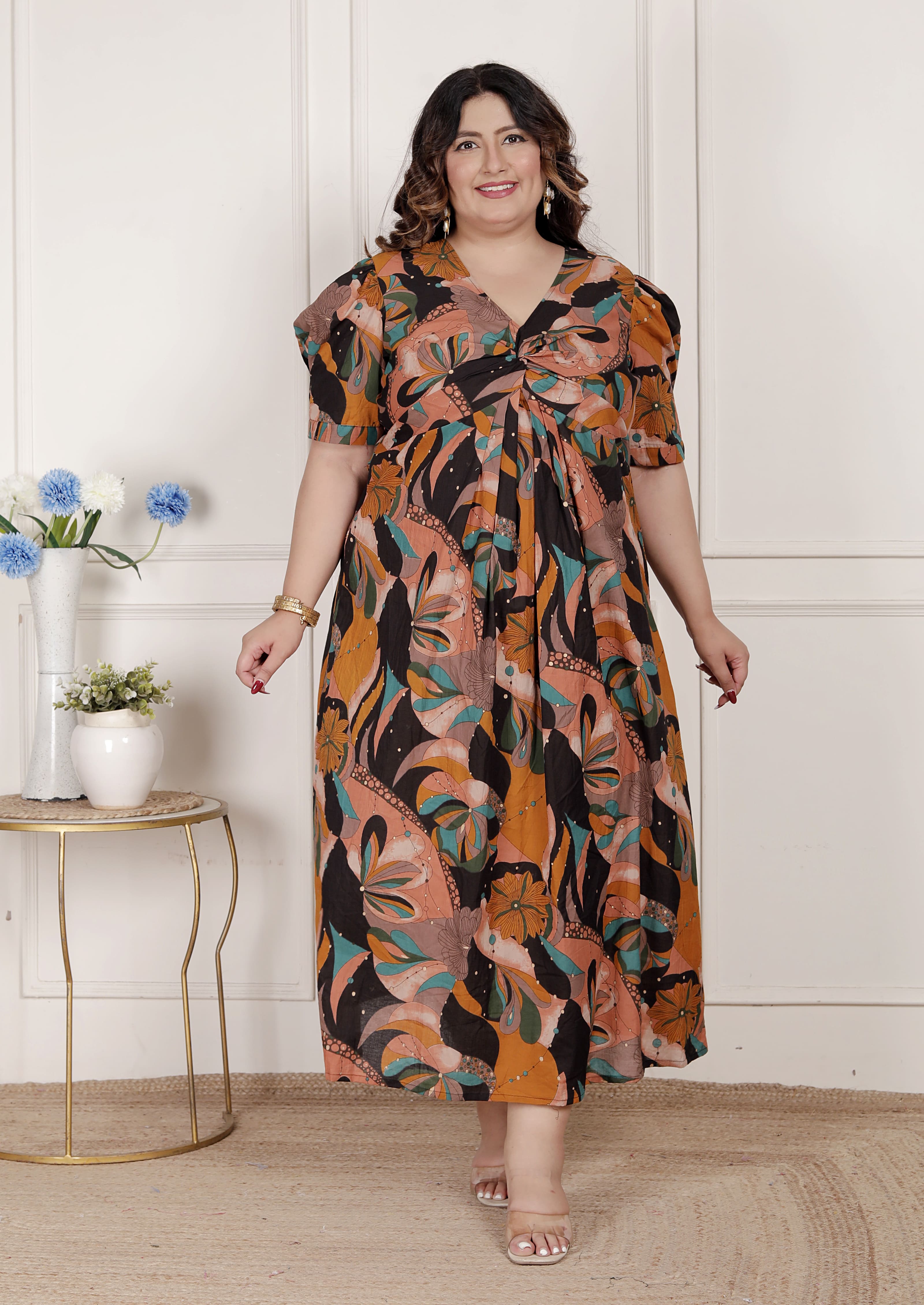 Womens Pure Cotton Black Puff Sleeve Floral printed Butterfly Maxi Dress