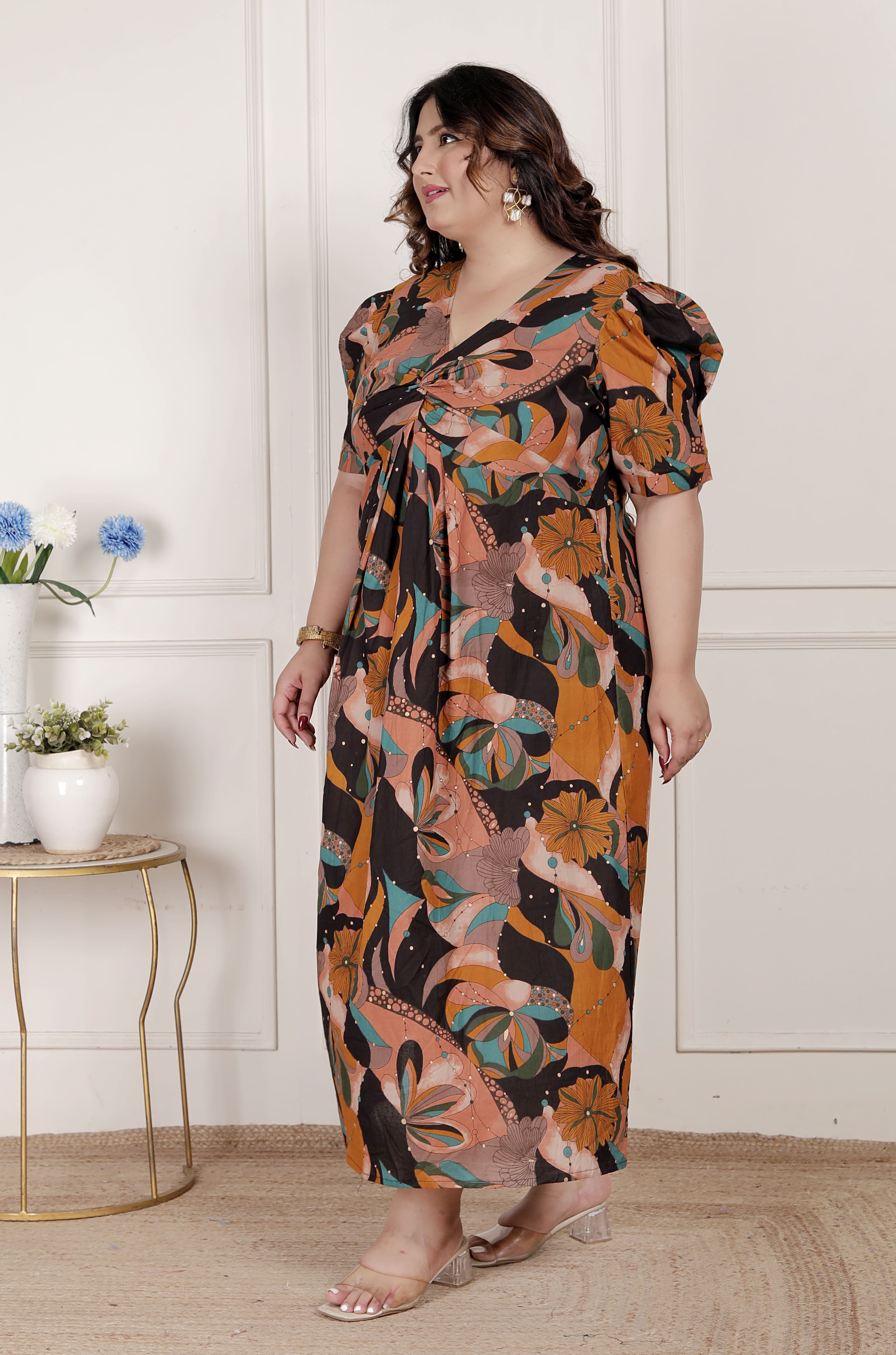 Womens Pure Cotton Black Puff Sleeve Floral printed Butterfly Maxi Dress
