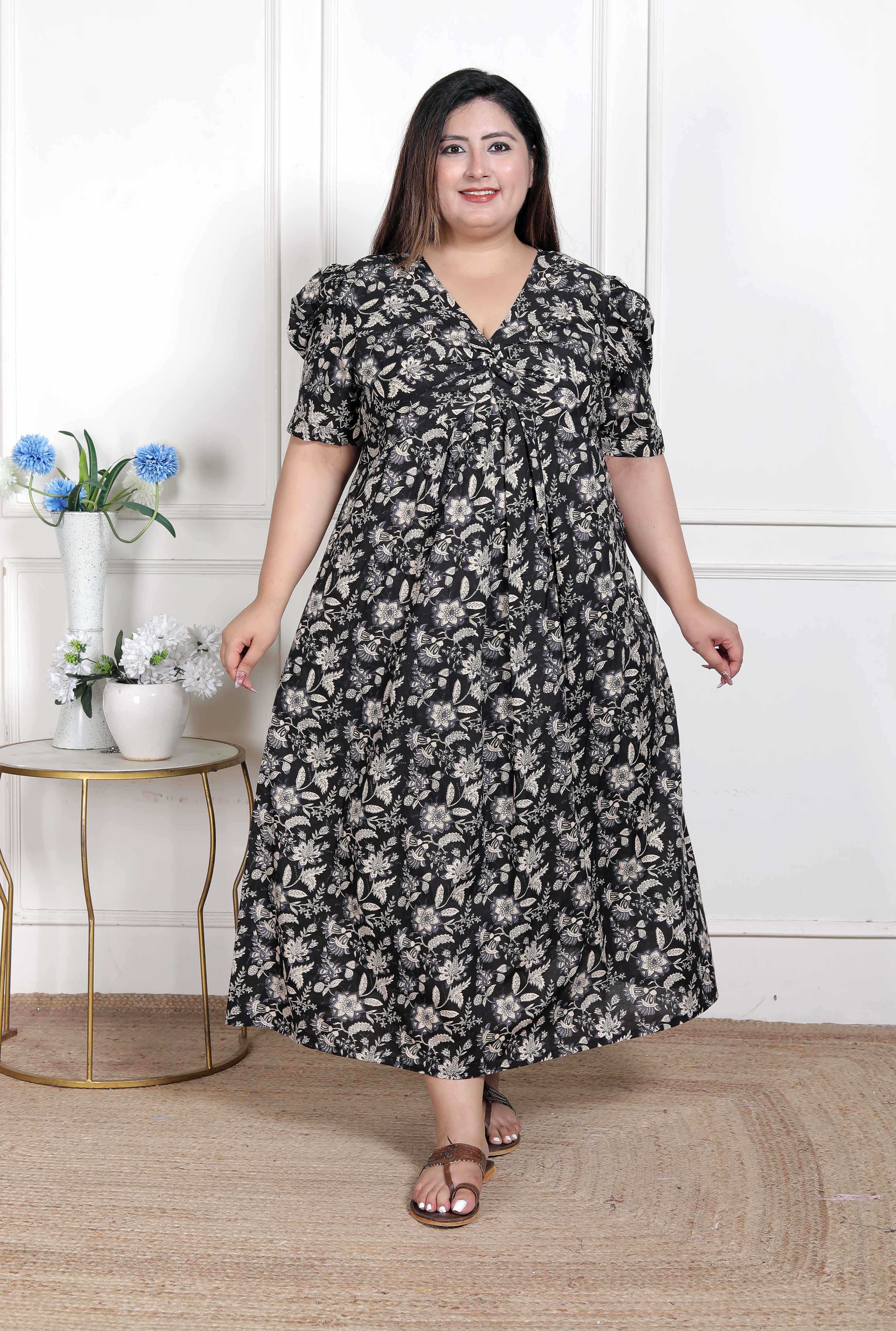 Pleated Puff Sleeve Floral Pure Cotton Black And White Butterfly Maxi Dress