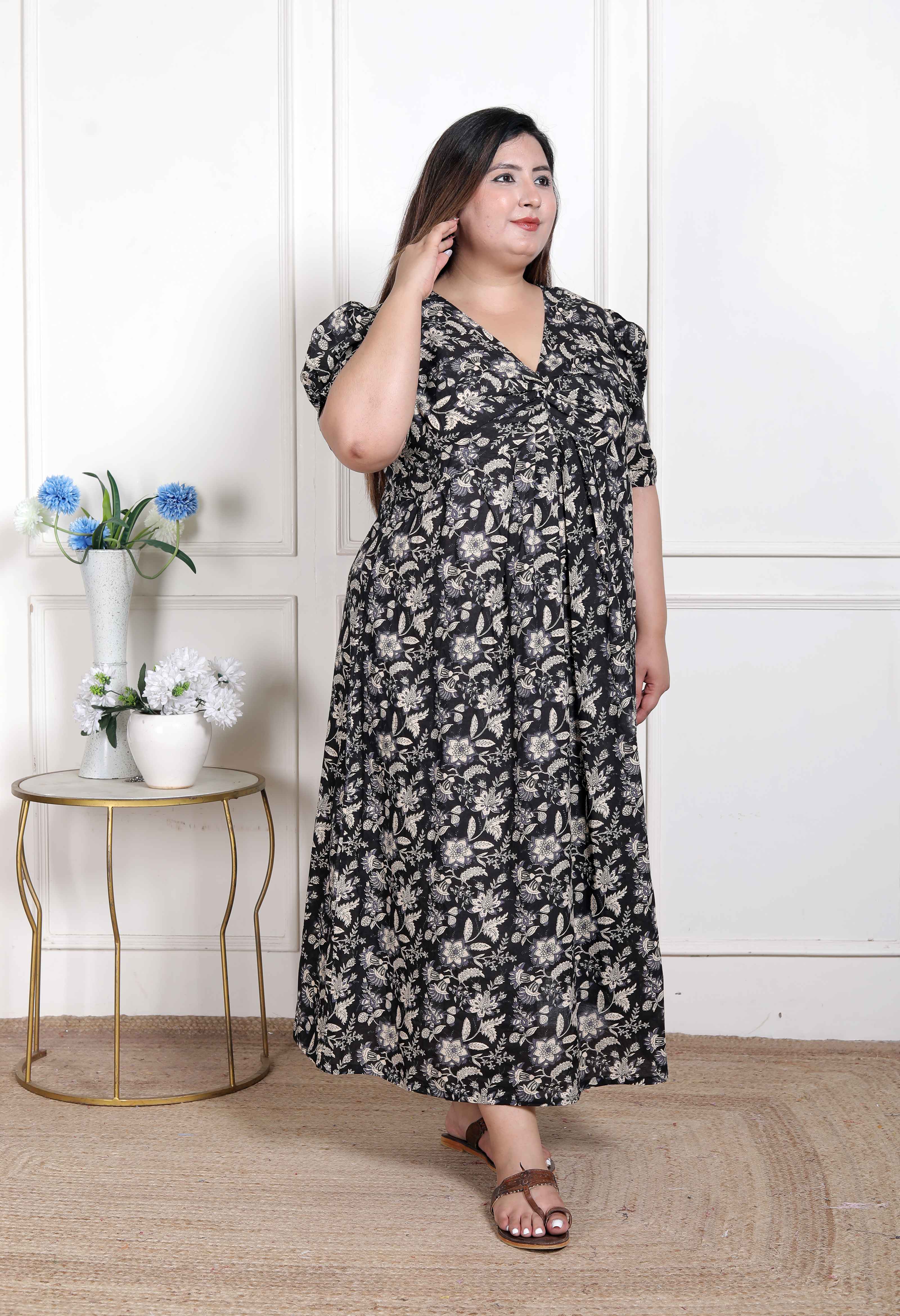 Pleated Puff Sleeve Floral Pure Cotton Black And White Butterfly Maxi Dress