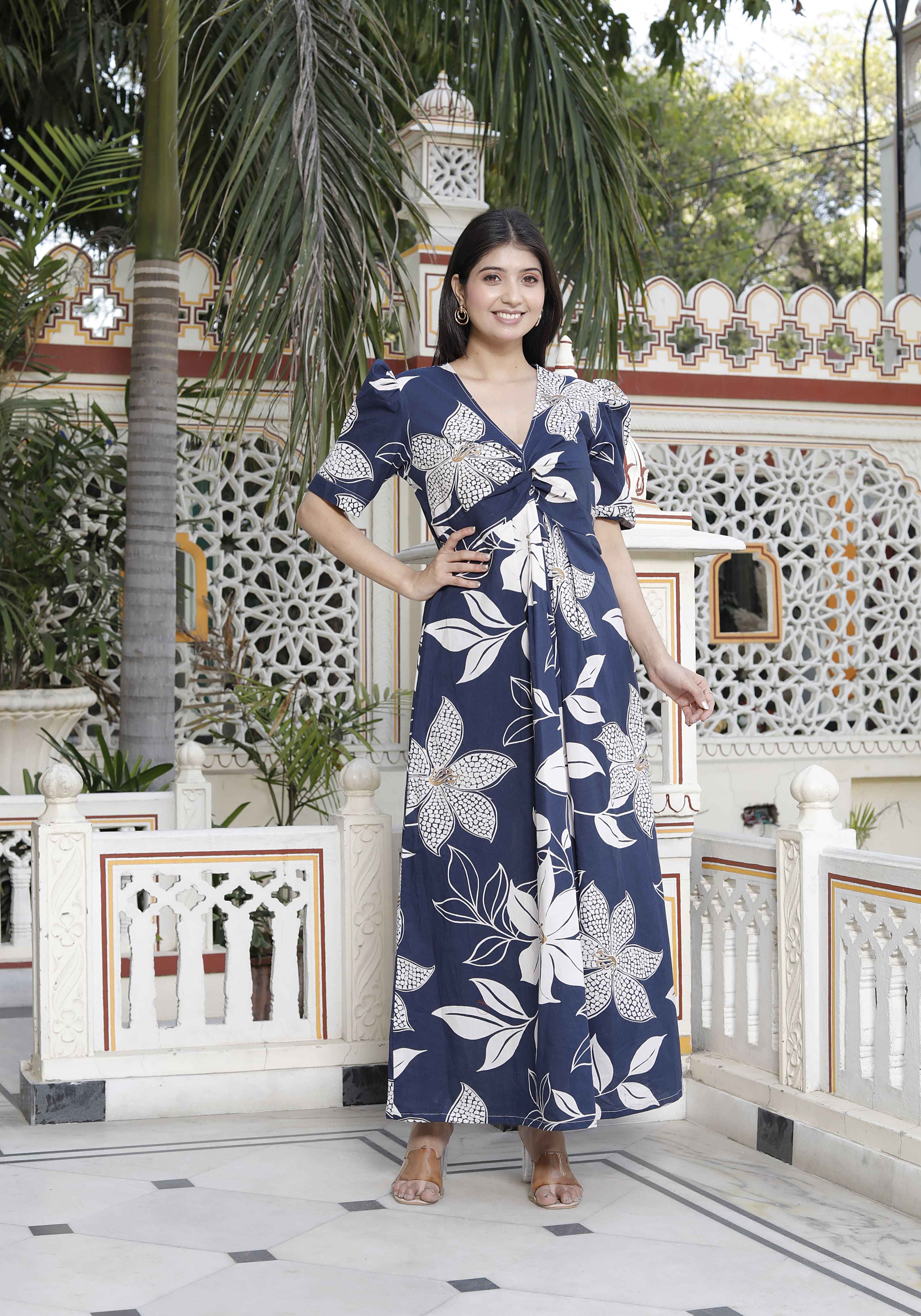 Womens Blue Flower Printed Puff Sleeve Pure Cotton Fit V Neck Butterfly Middi Dress