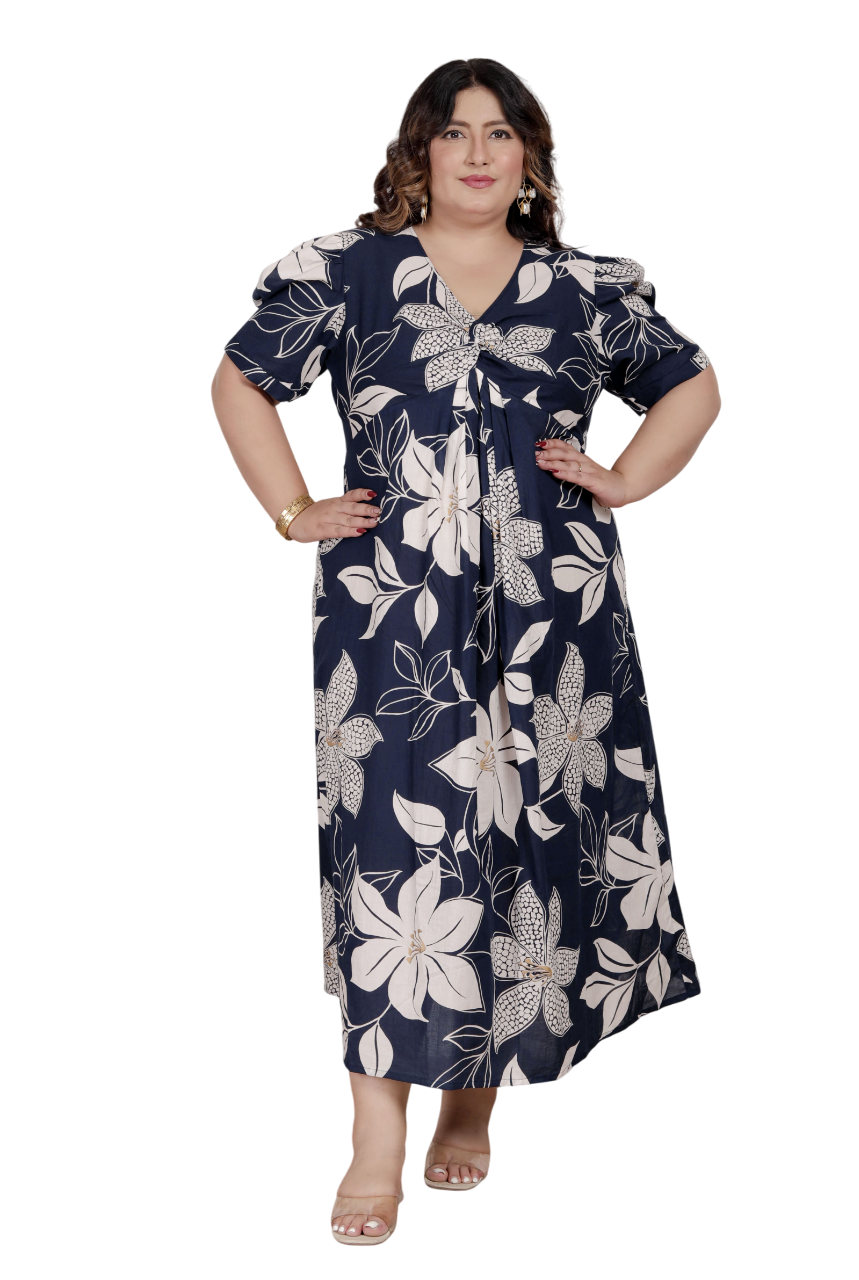 Womens Blue Flower Printed Puff Sleeve Cotton Butterfly Maxi Dress