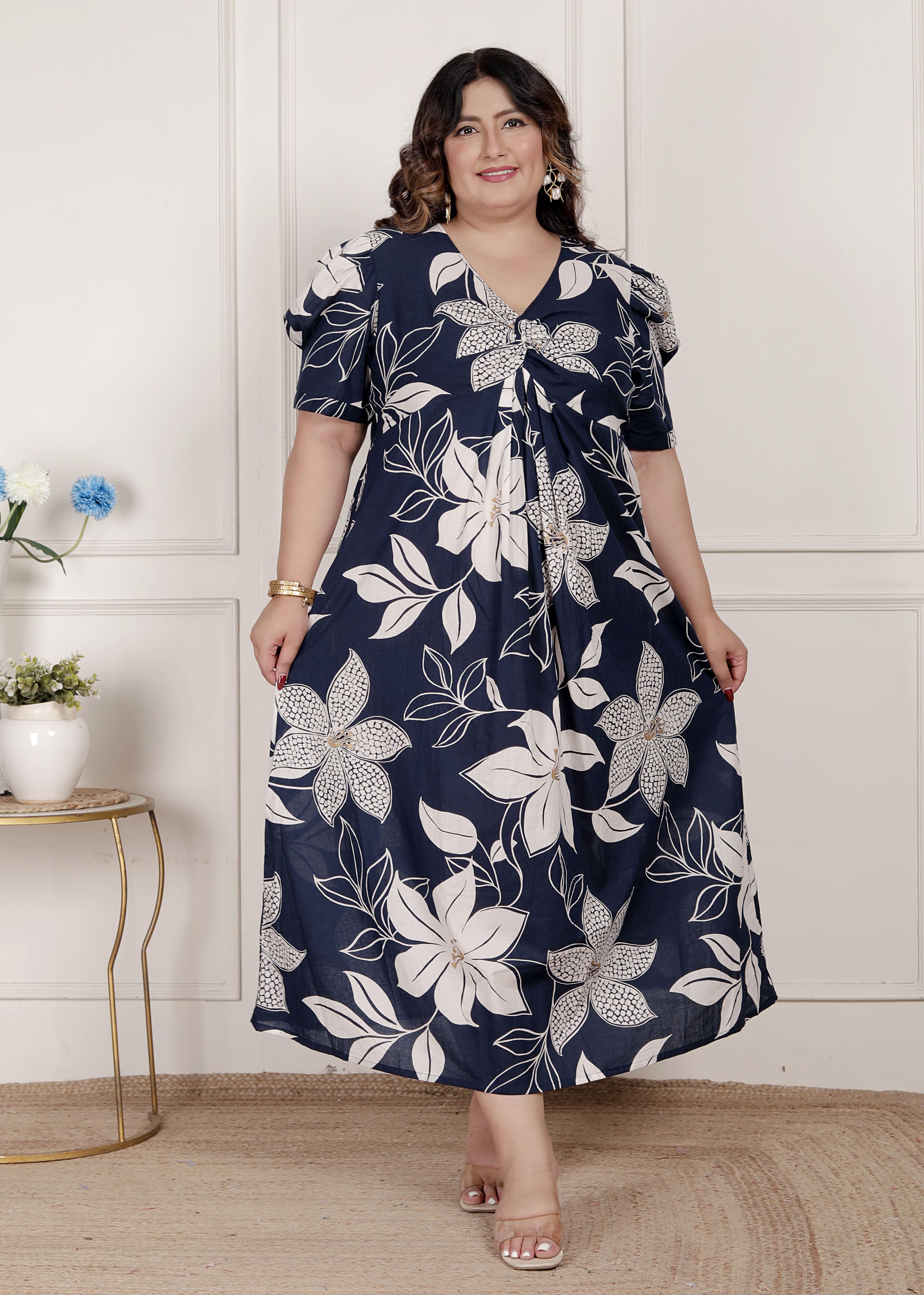 Womens Blue Flower Printed Puff Sleeve Cotton Butterfly Maxi Dress