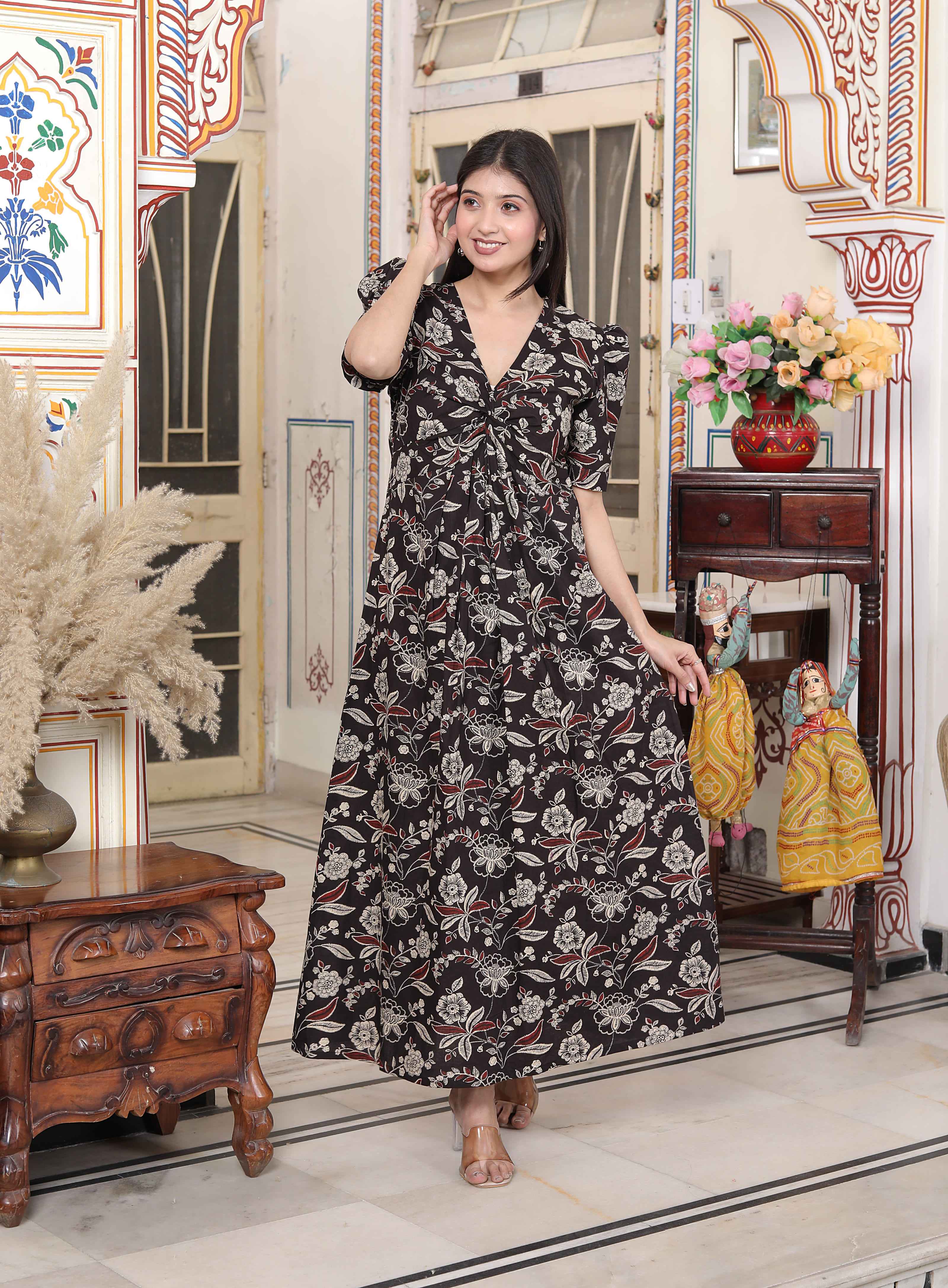 Multicolored Pleated Puff Sleeve Floral Pure Cotton Butterfly Maxi Dress