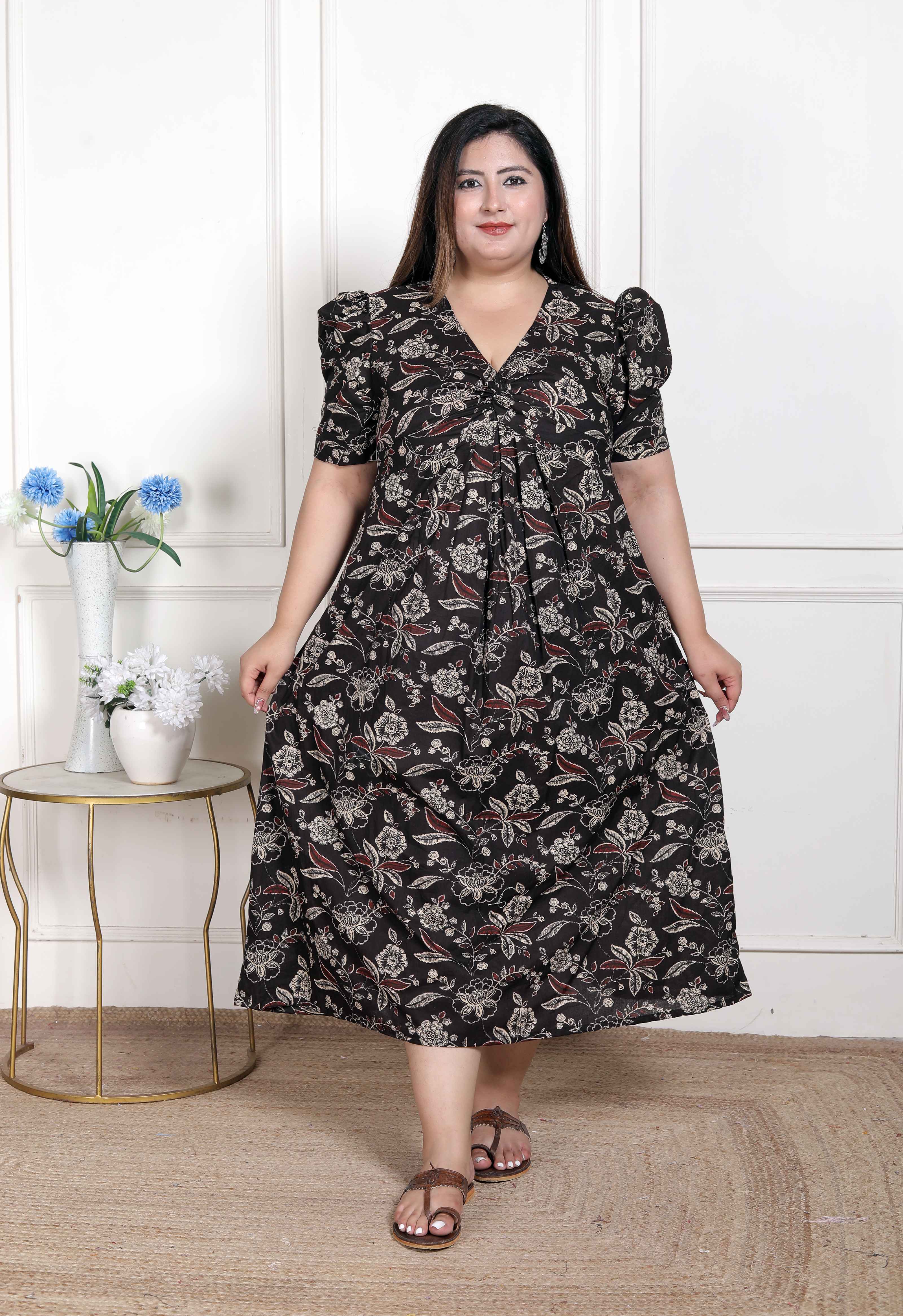Multicolored Pleated Puff Sleeve Floral Pure Cotton Butterfly Maxi Dress
