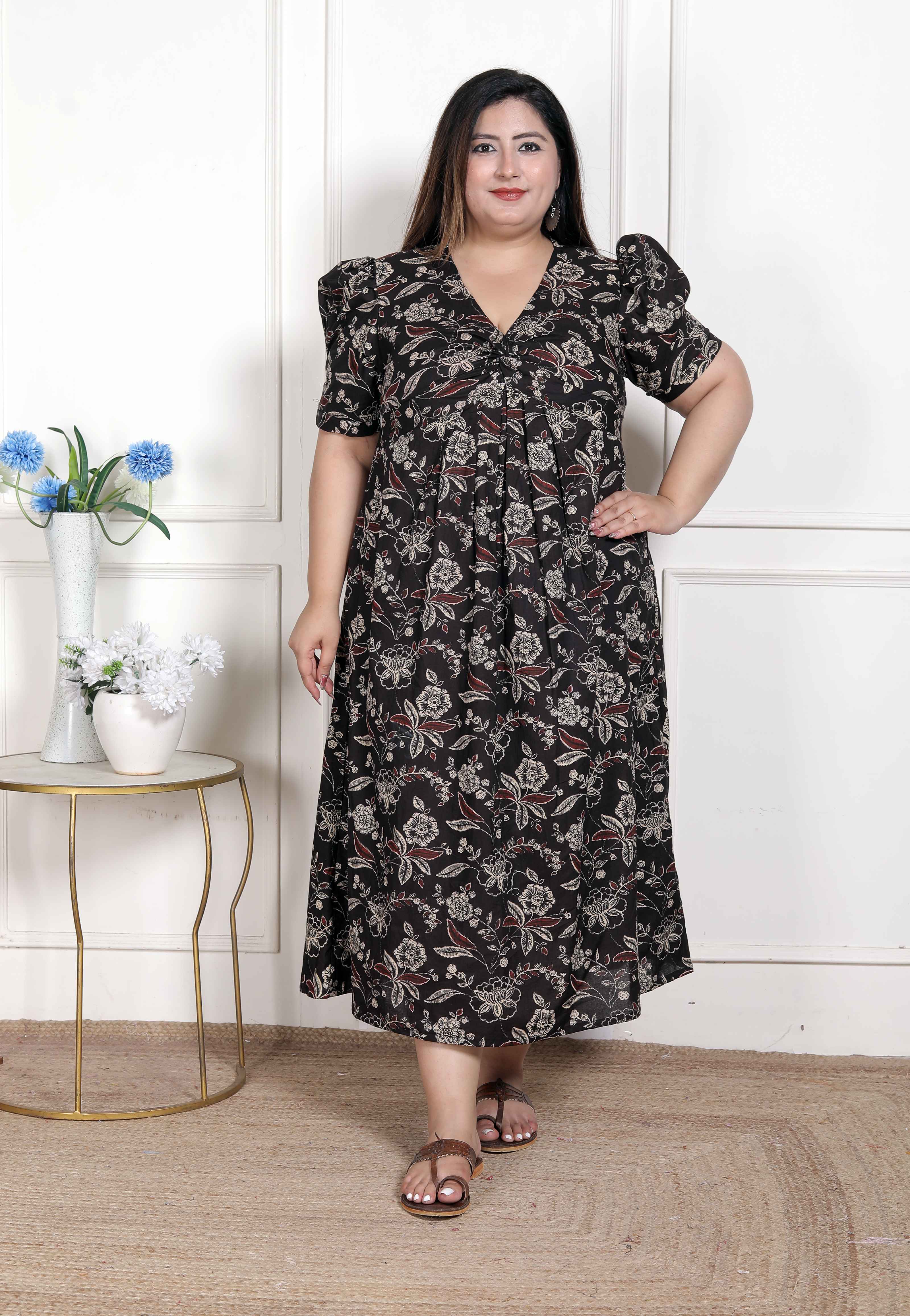 Multicolored Pleated Puff Sleeve Floral Pure Cotton Butterfly Maxi Dress