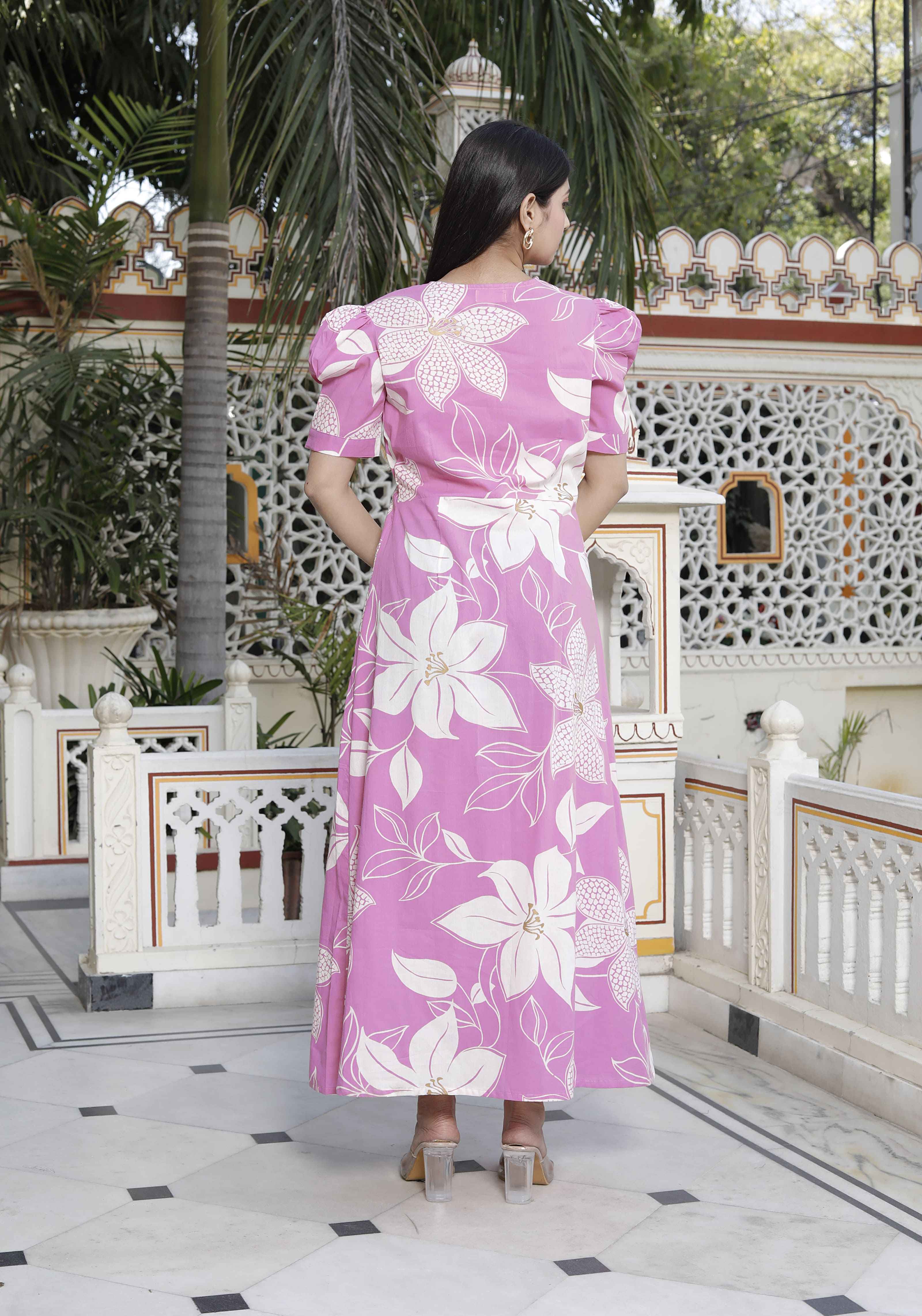 Women's Pink Floral Print Puff Sleeve Pure Cotton Fit Flare Butterfly Maxi Dress