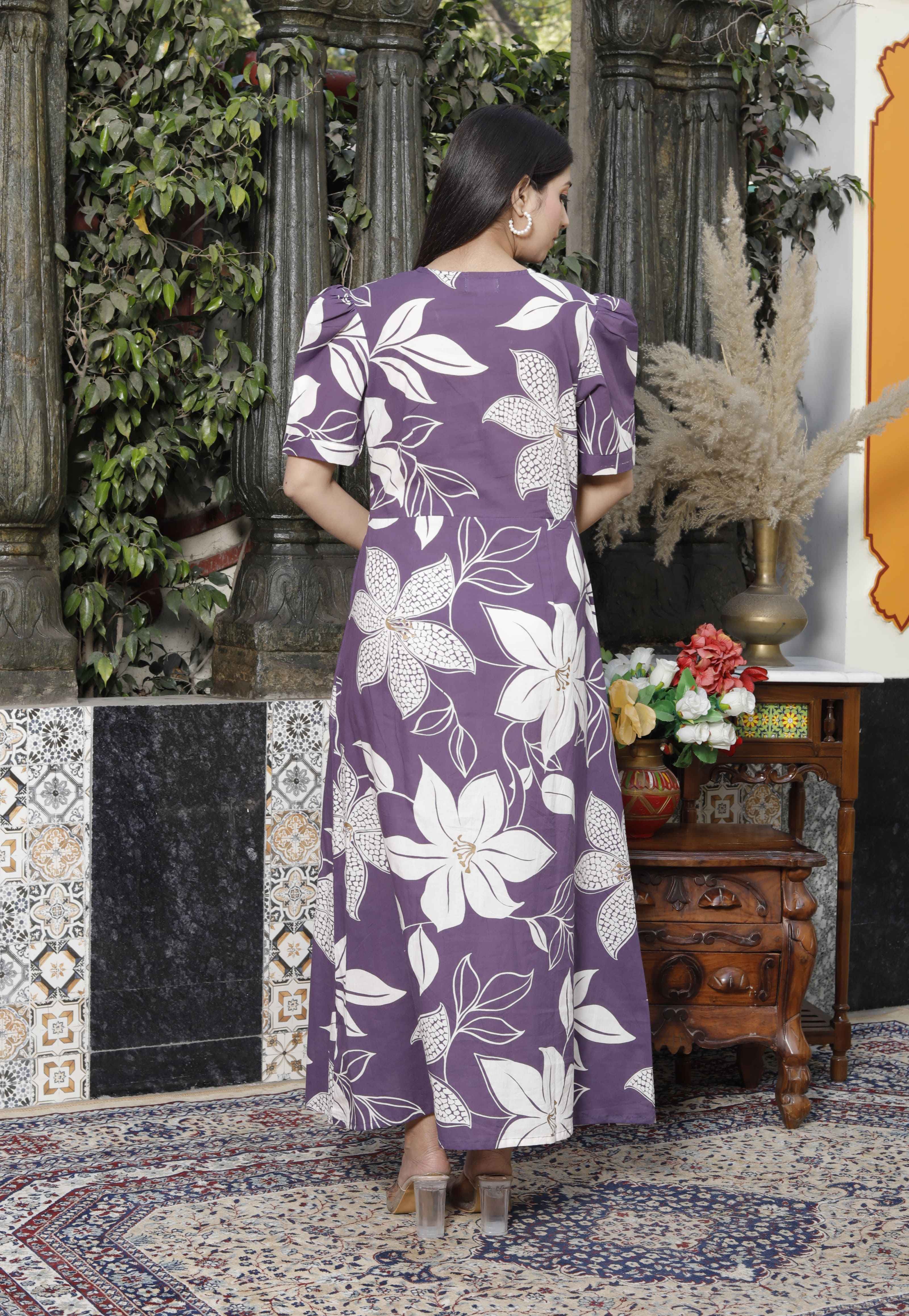 Purple Floral Cotton Butterfly Midi Dress with Pleated Puff Sleeves