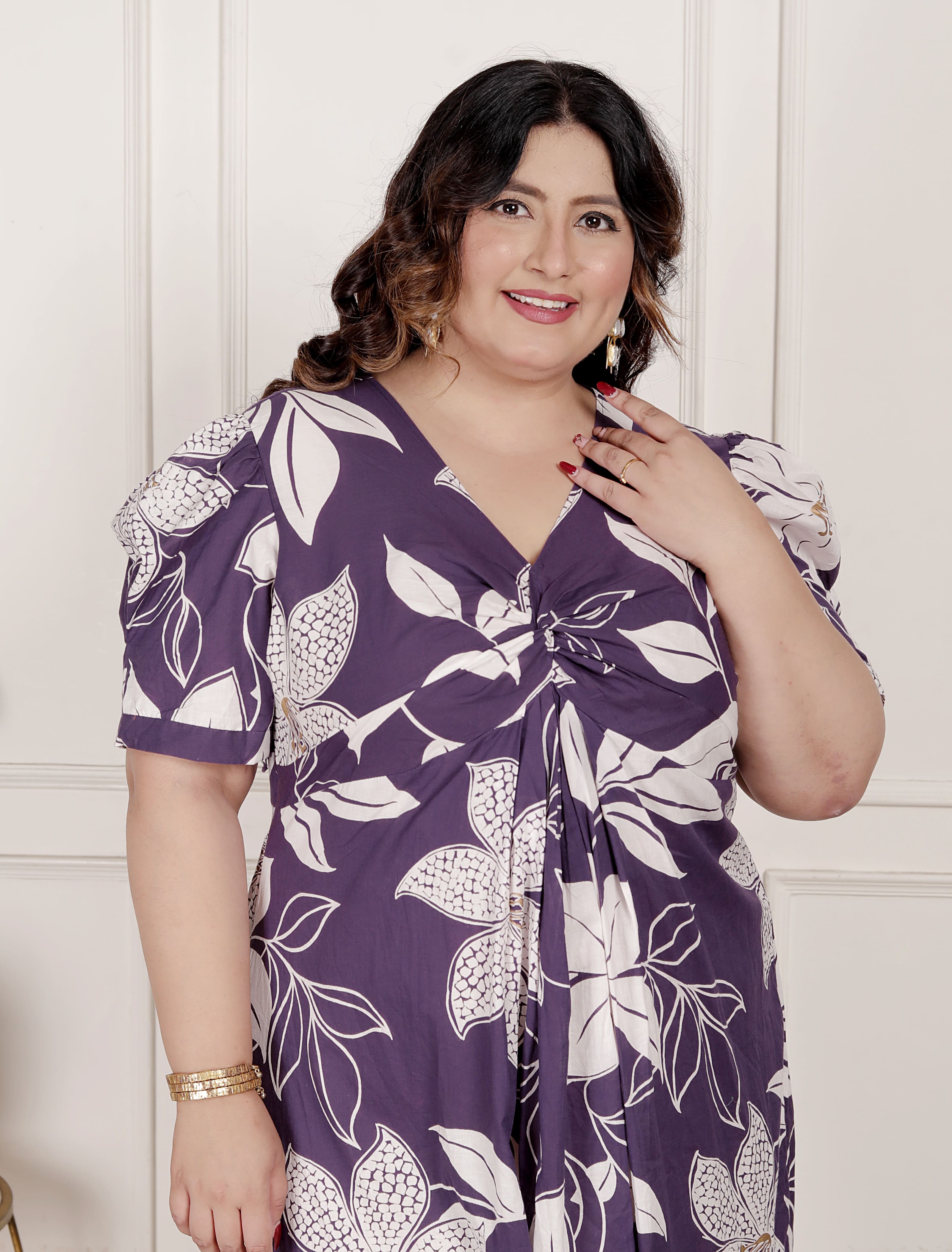 Womens Purple Pleated Puff Sleeve Floral Pure Cotton Butterfly Middi Dress