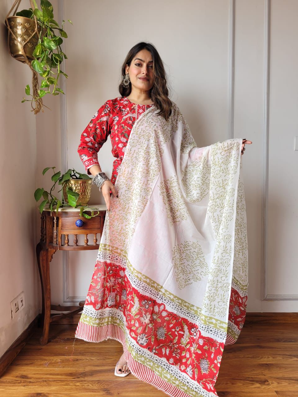 Buy Red Floral Kurta Set with Printed Dupatta for Women