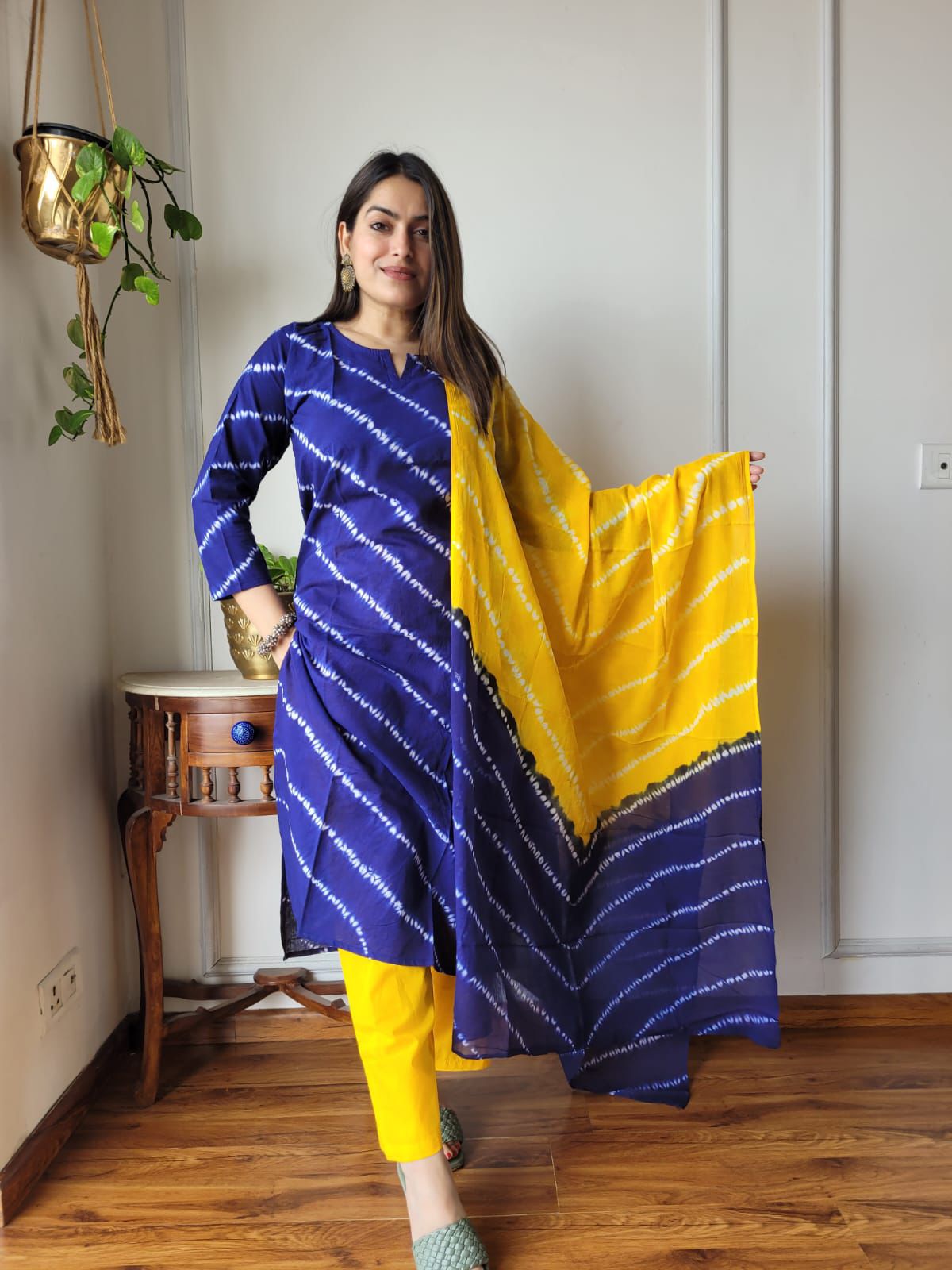 Buy Blue & Yellow Tie-Dye Kurta Set with Dupatta for Women