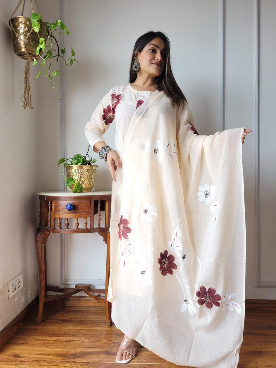 Buy Soft Cream Kurti Pant with Red & White Floral Prints