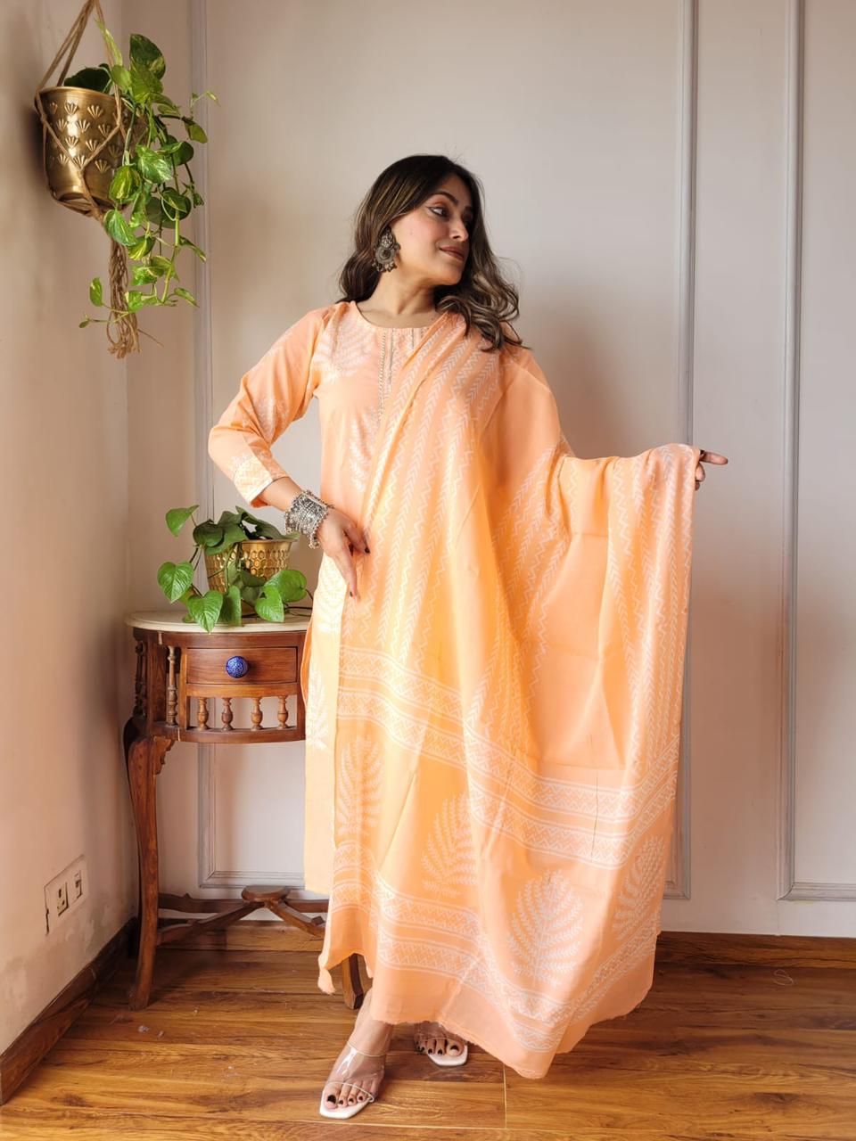 Buy Peach Printed Kurta Set with Dupatta – Best Wear for Women