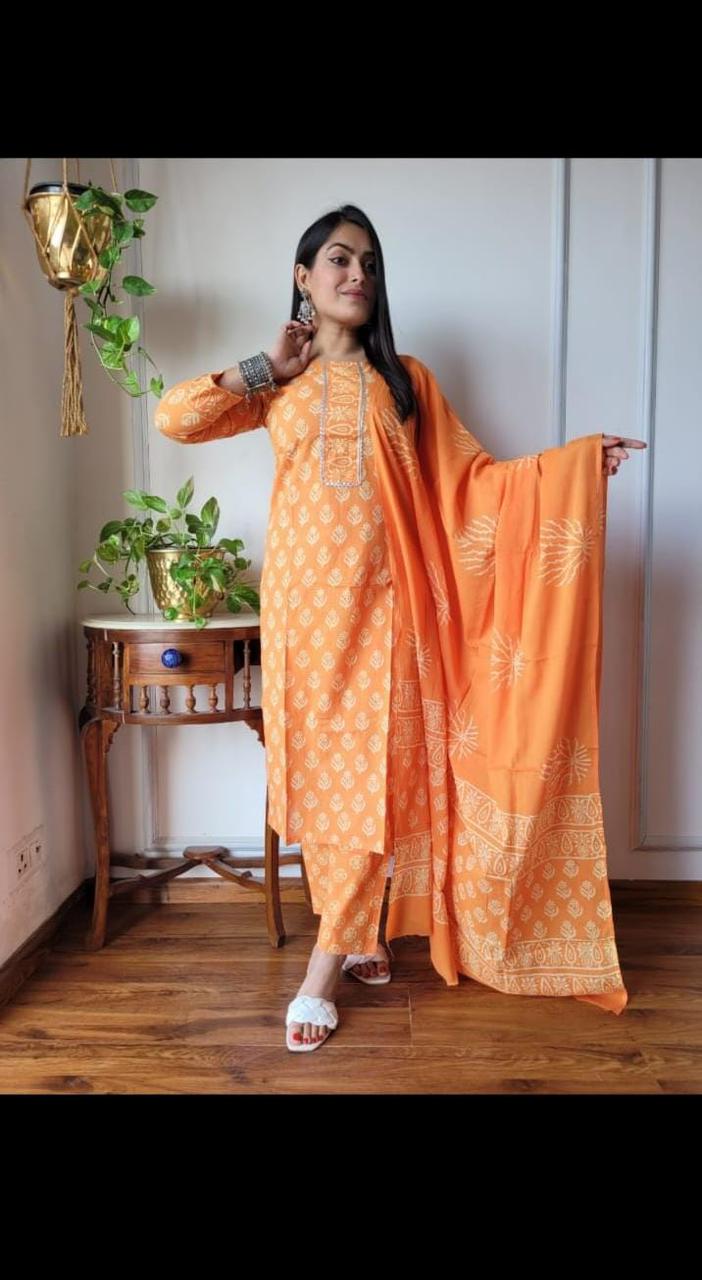 Buy Bright Orange Printed Kurti & Pant Set with Dupatta