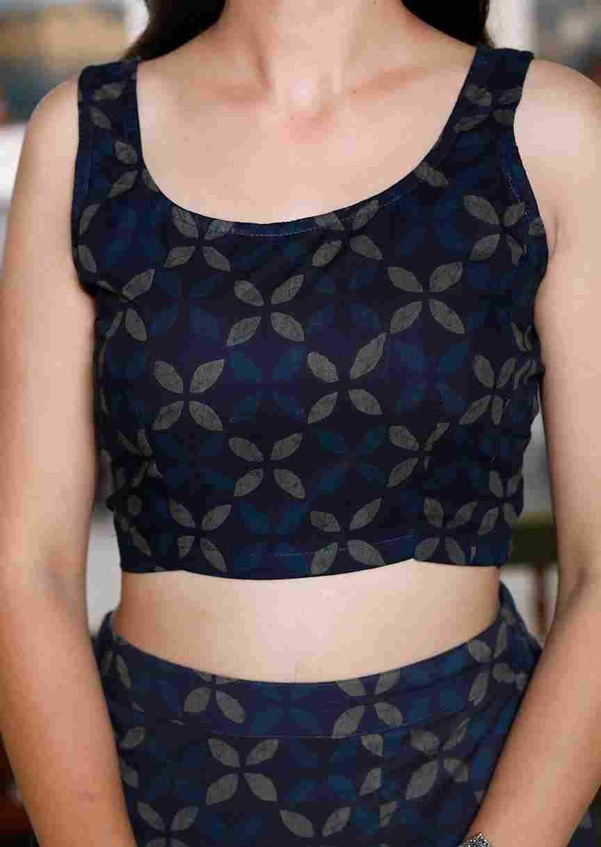 Blue Abstract Print Crop Top & Side-Slit A-Line Skirt Co-Ord Set