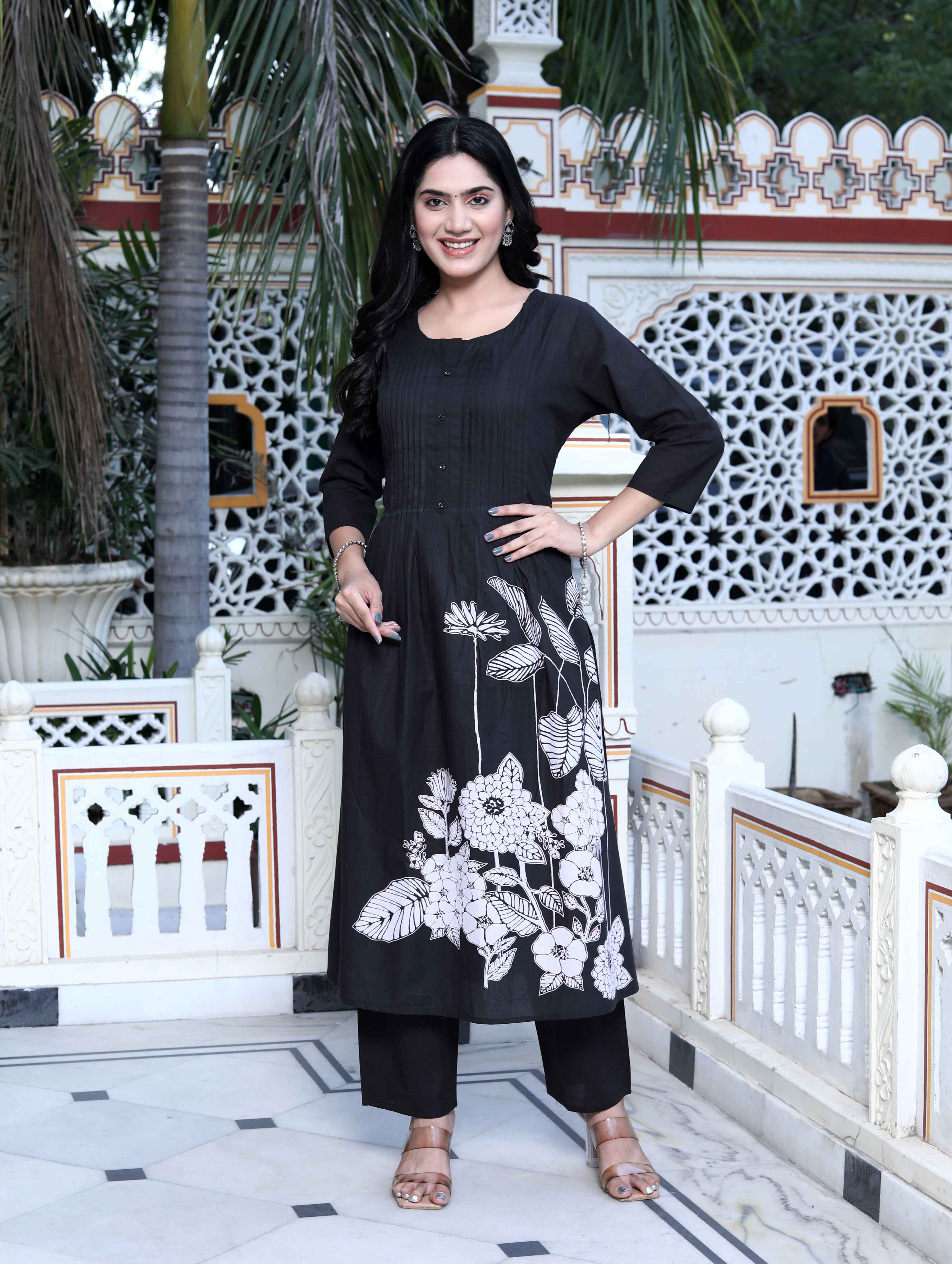 Womens Black Floral Printed straight Kurta with Palazzo