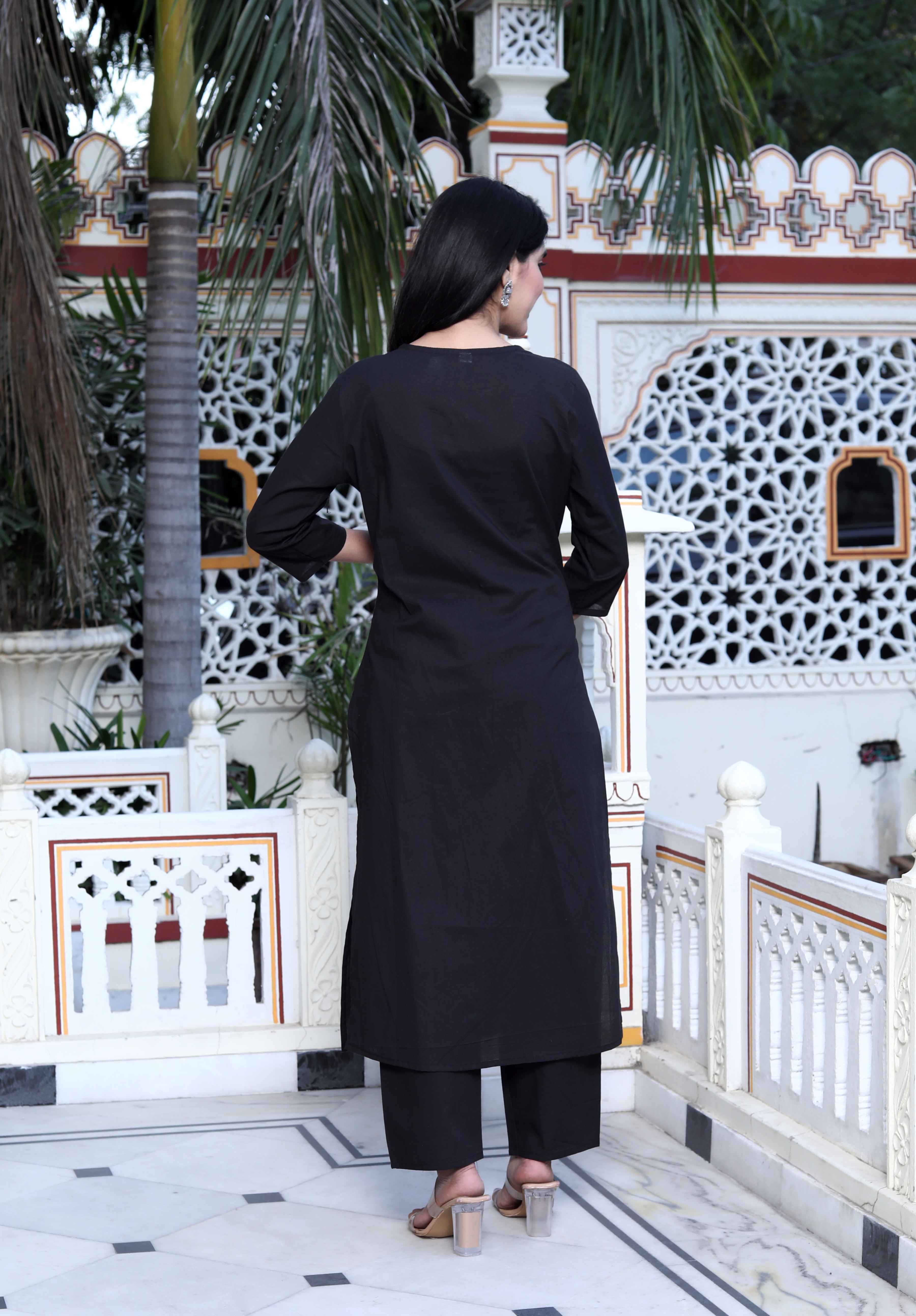 Womens Black Floral Printed straight Kurta with Palazzo